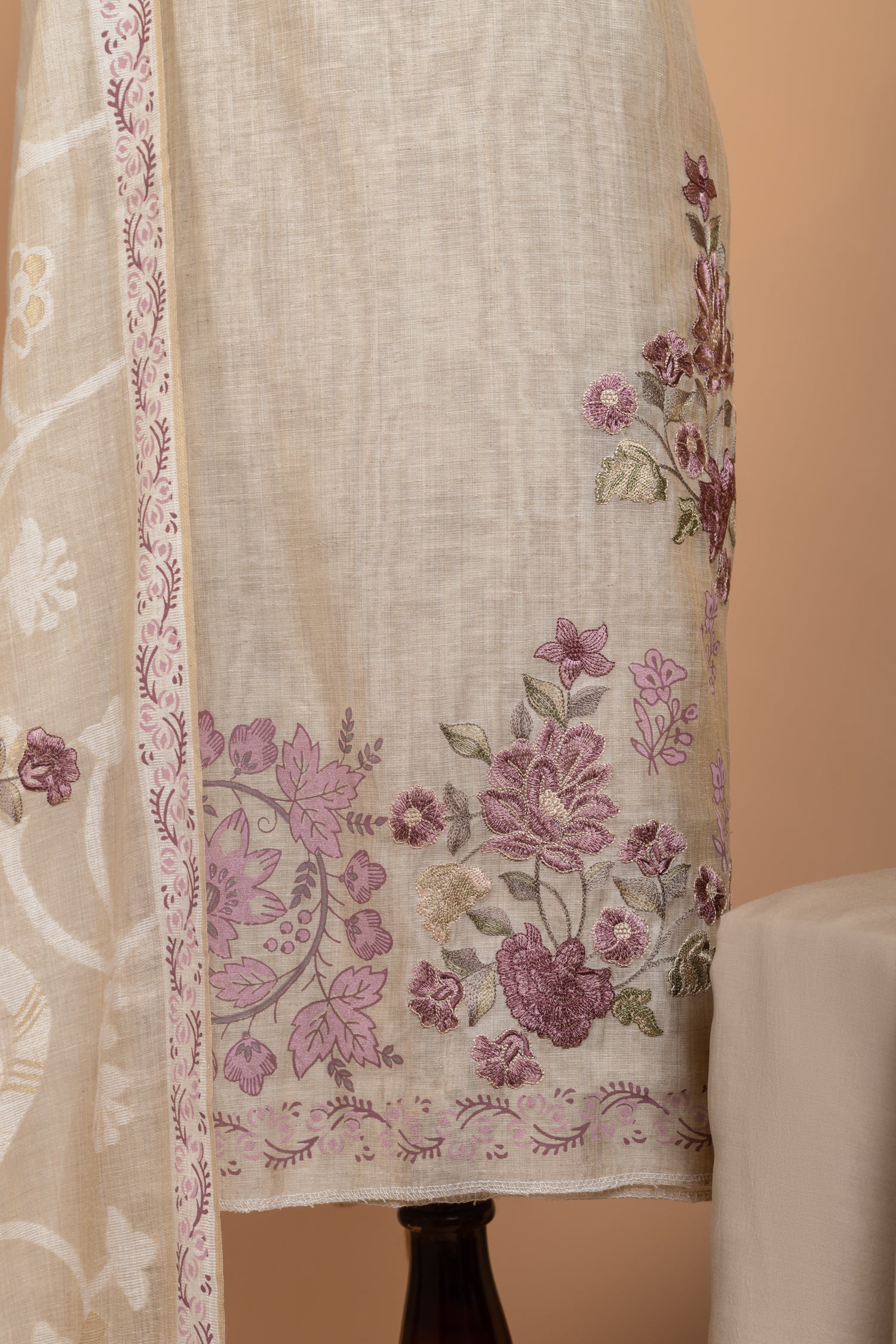 Linen Beige with Purple  Cotton Unstitched suit set