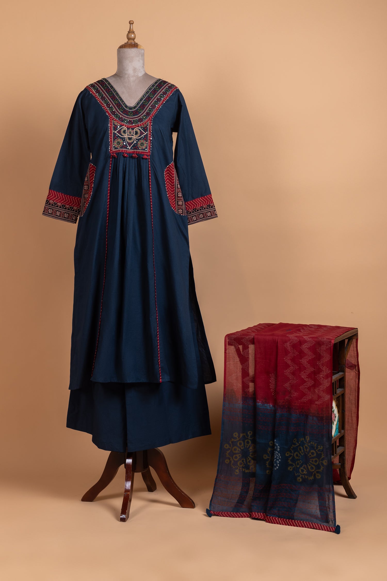 Afreen Navy Blue Cotton A-line Readymade set