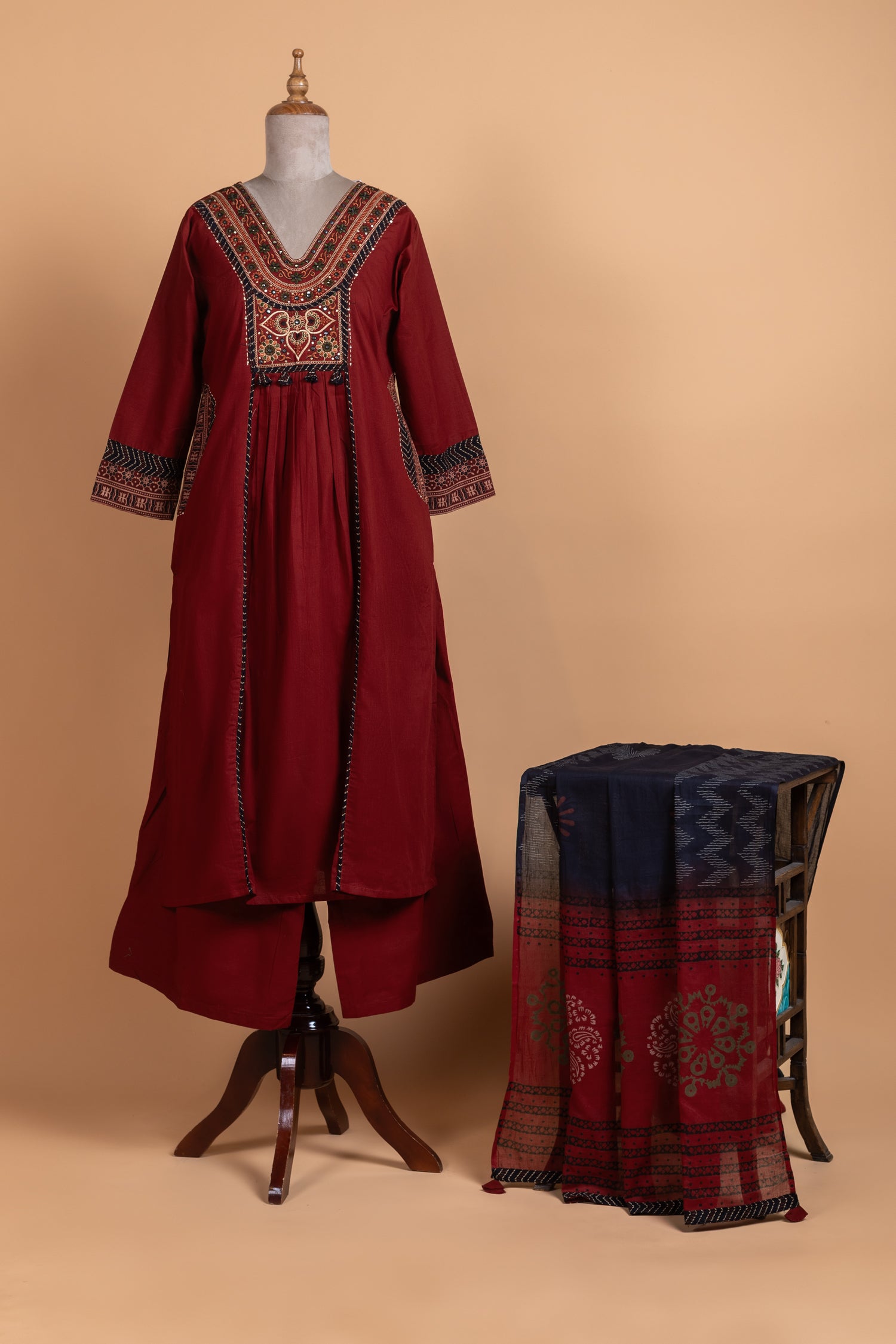 Afreen Maroon Cotton A-line Readymade set