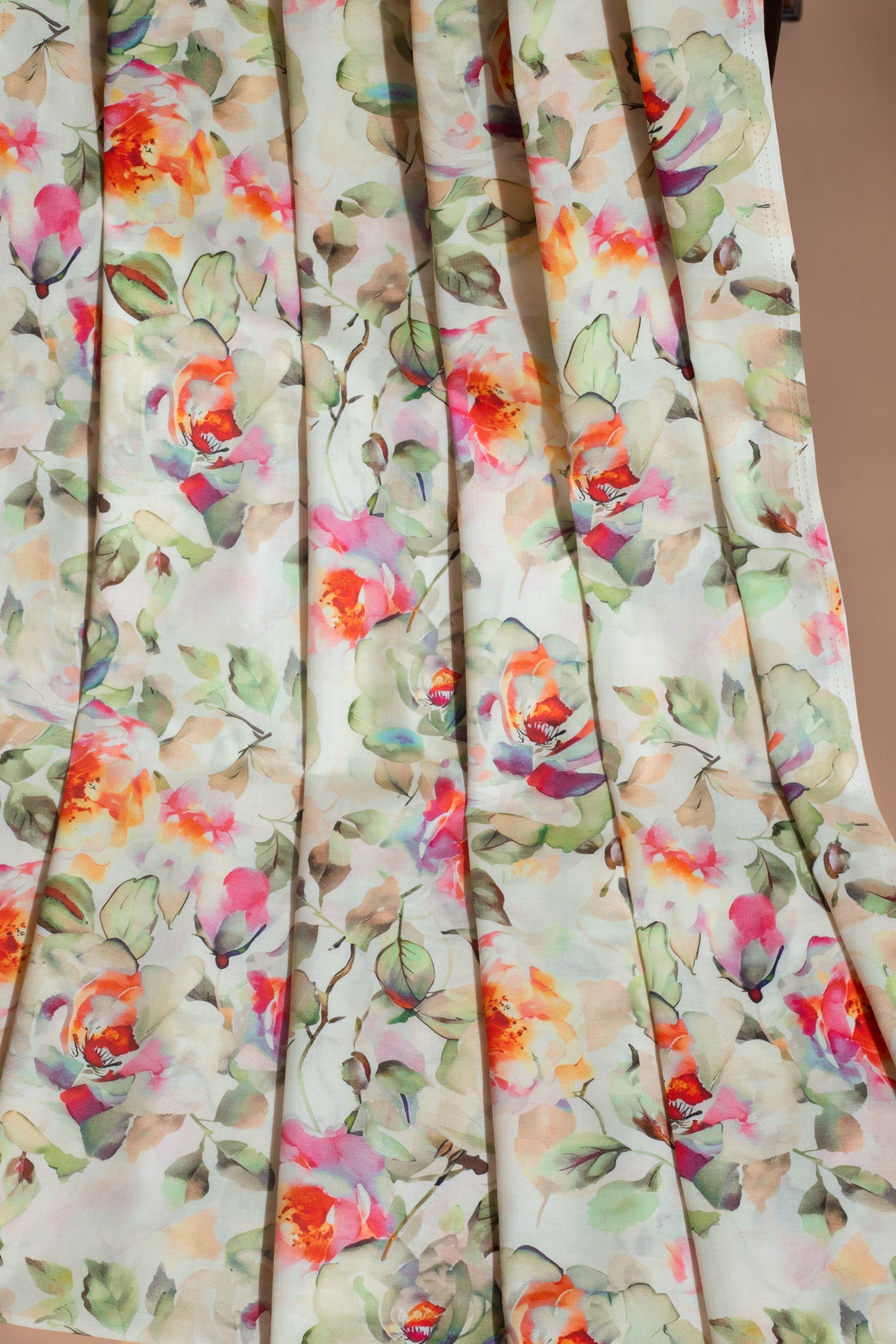 Afreen White Flroal Printed Cotton Blend  Fabric