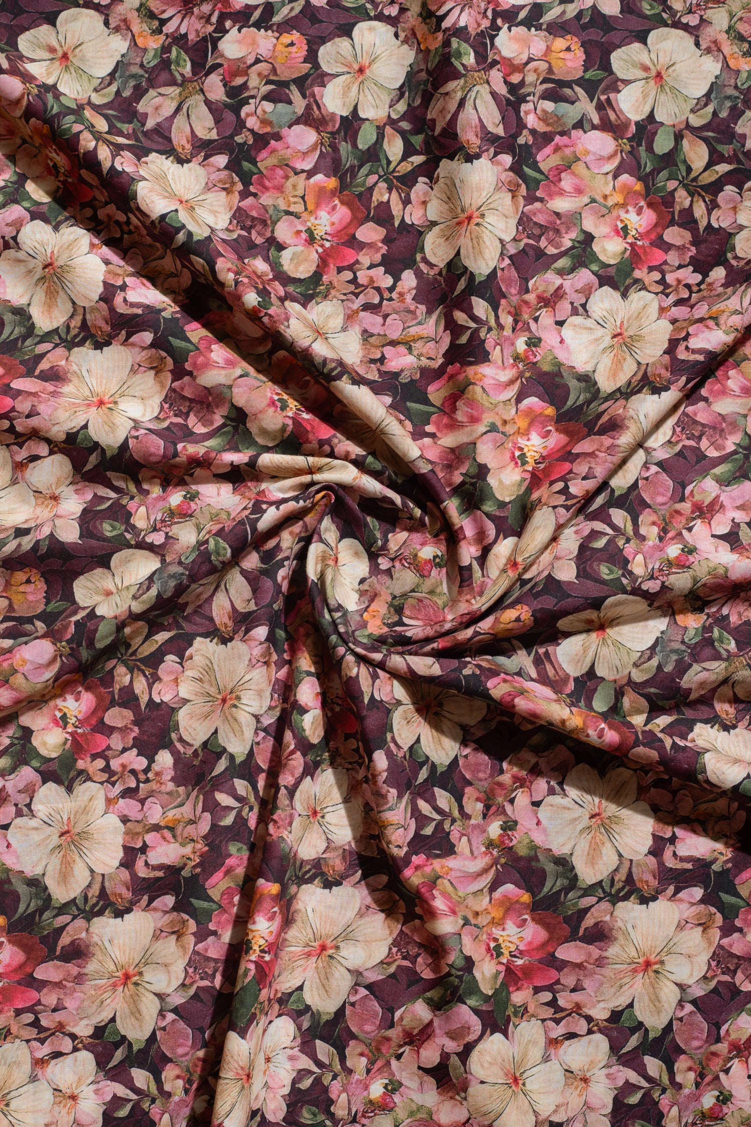 Afreen Deep Plum Floral Printed Cotton Blend Fabric