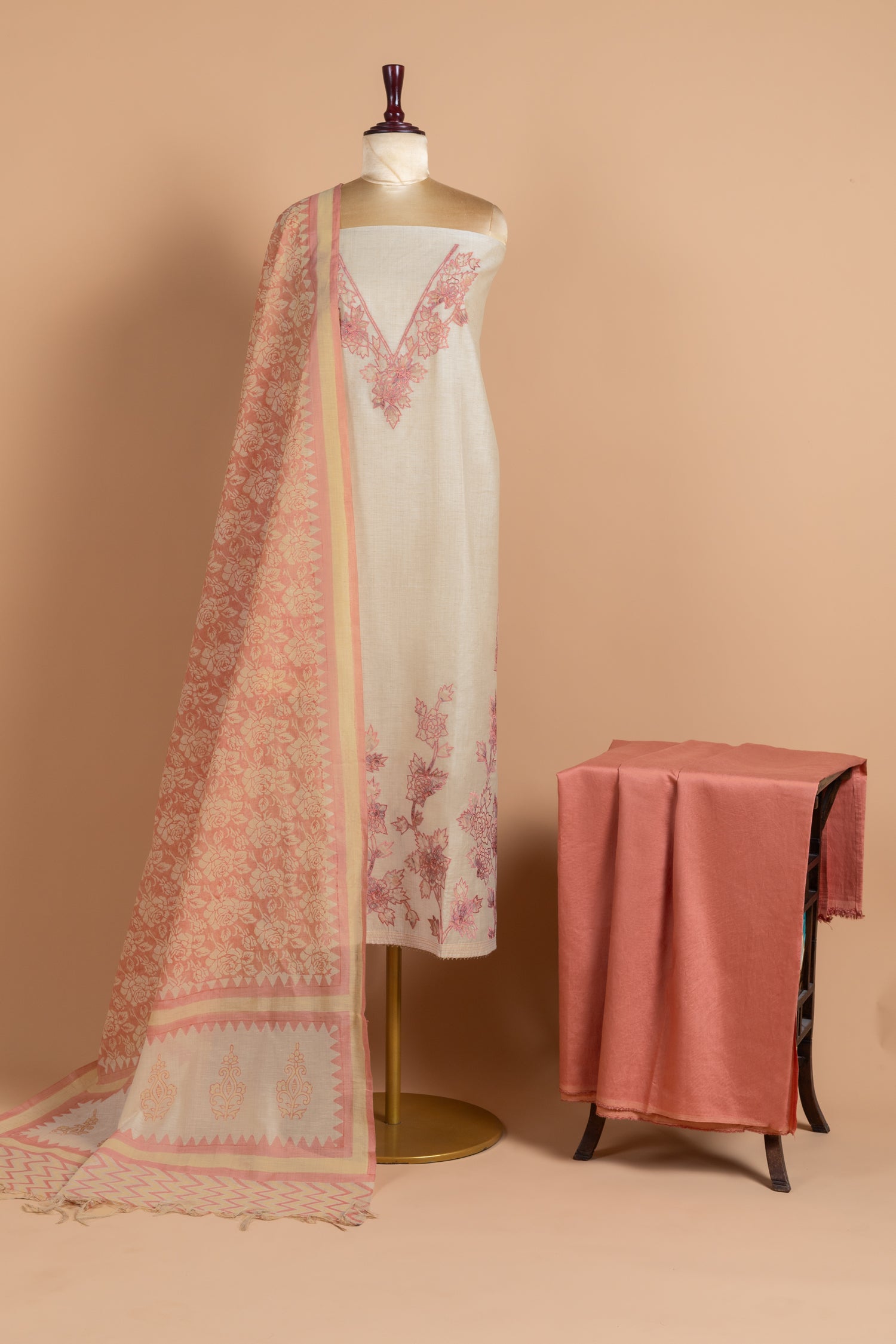 Afreen Khadi Cotton White With Peach Unstitched Suit Set