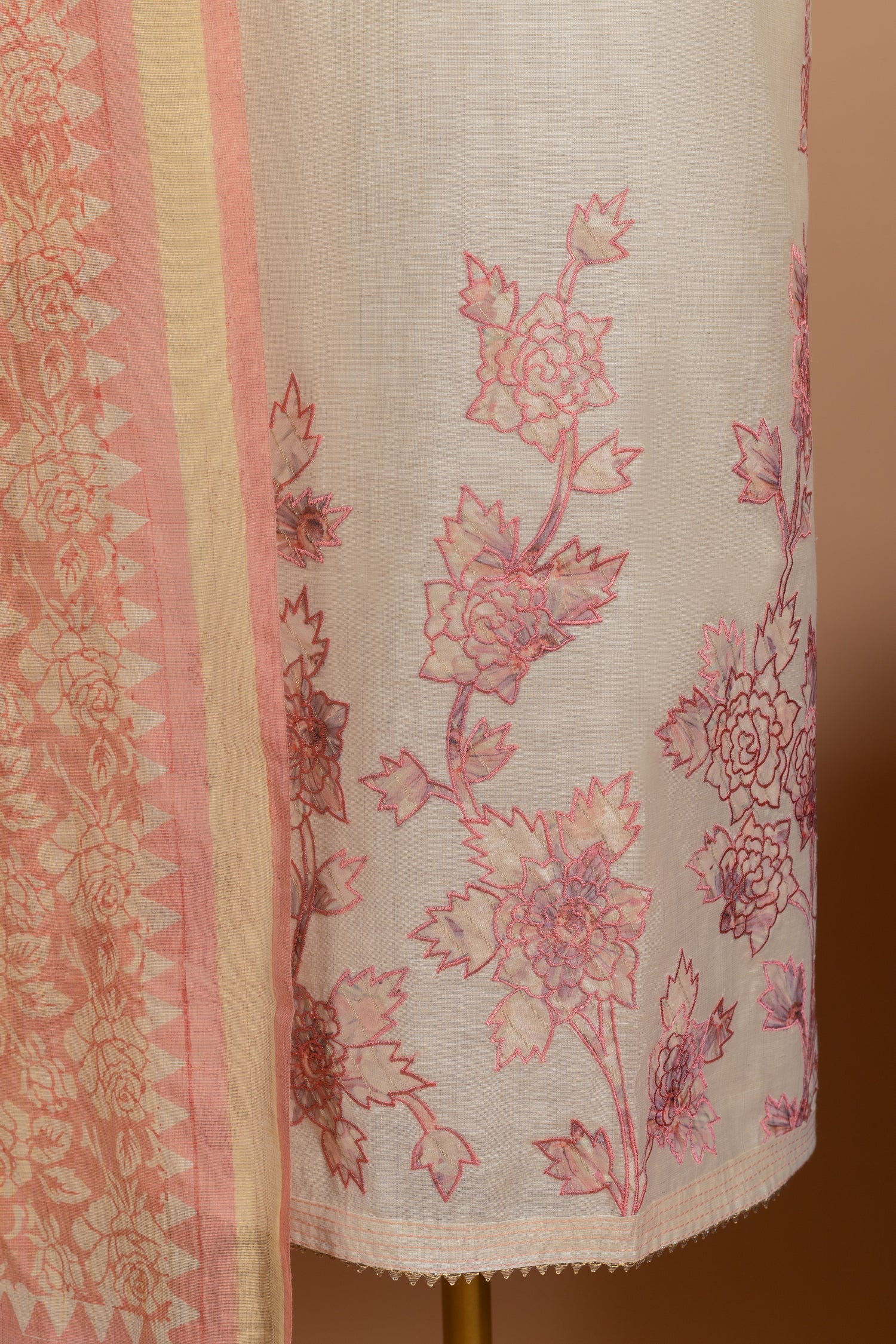Afreen Khadi Cotton White With Peach Unstitched Suit Set Sterling House