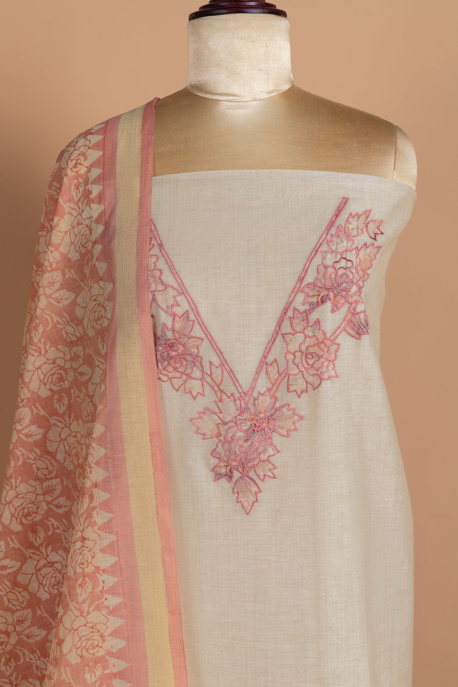 Afreen Khadi Cotton White With Peach Unstitched Suit Set Sterling House