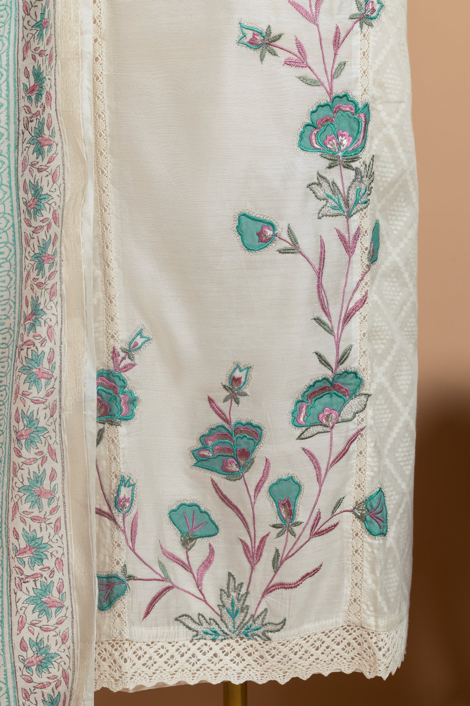 Luxe   Chanderi Silk   White  With Teal Unstitched Suit Set Sterling House