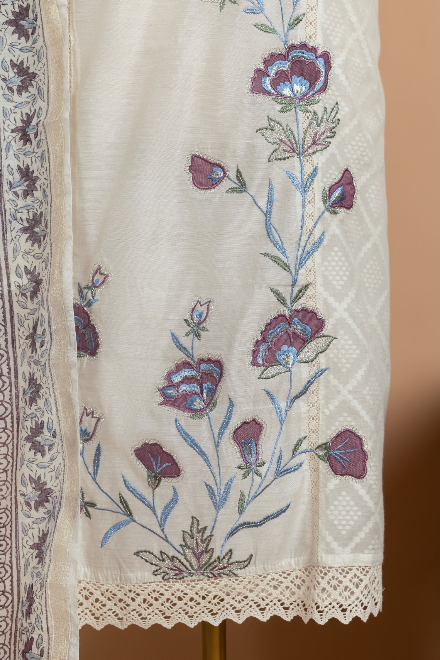 Luxe   Chanderi Silk   White With Purple Unstitched Suit Set Sterling House