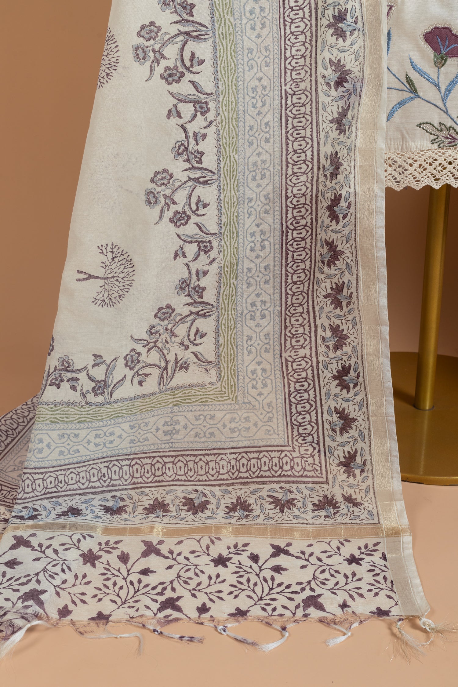 Luxe   Chanderi Silk   White With Purple Unstitched Suit Set Sterling House