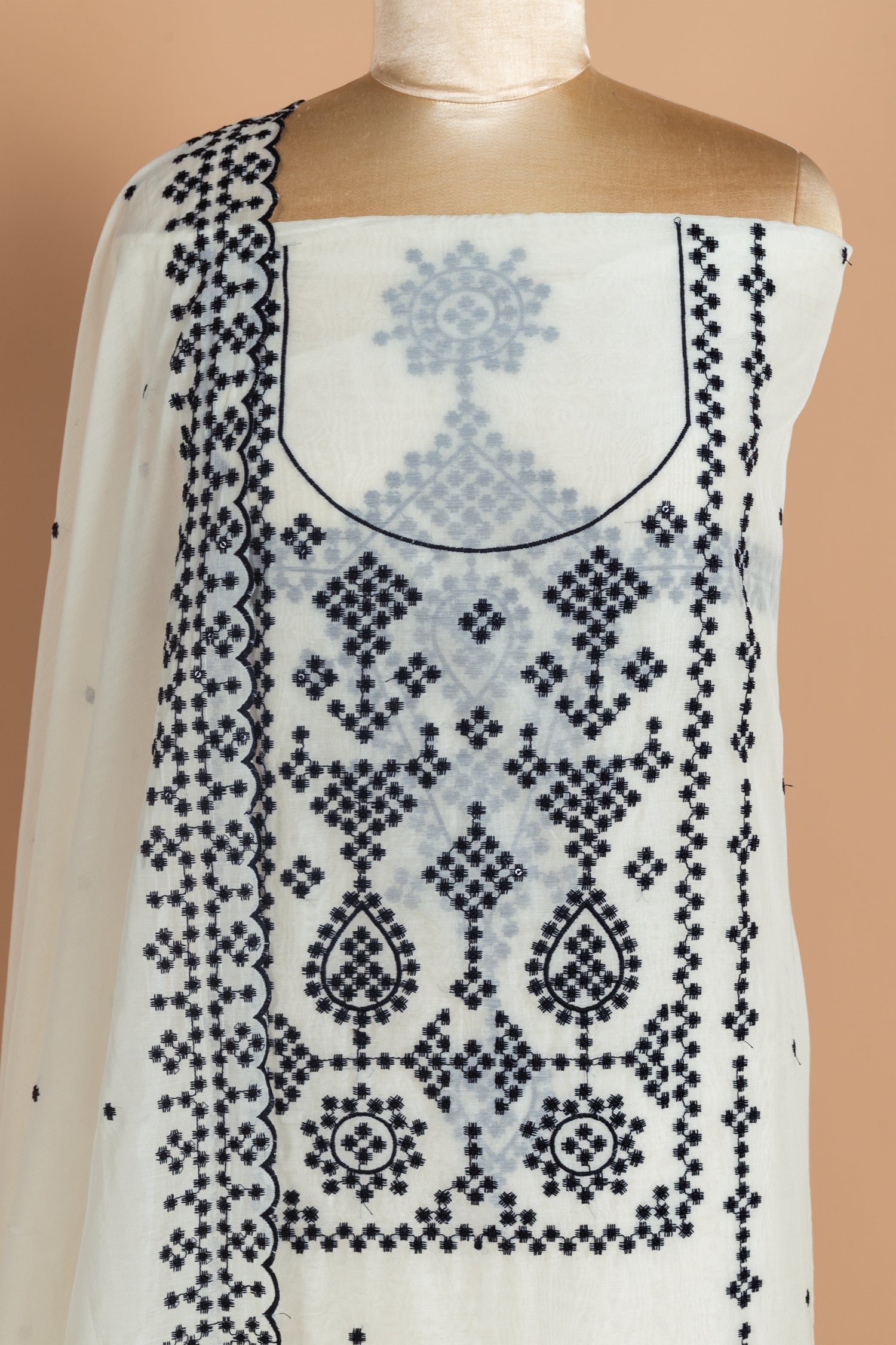 Luxe Mul Chanderi White With Black Unstitched Suit Set