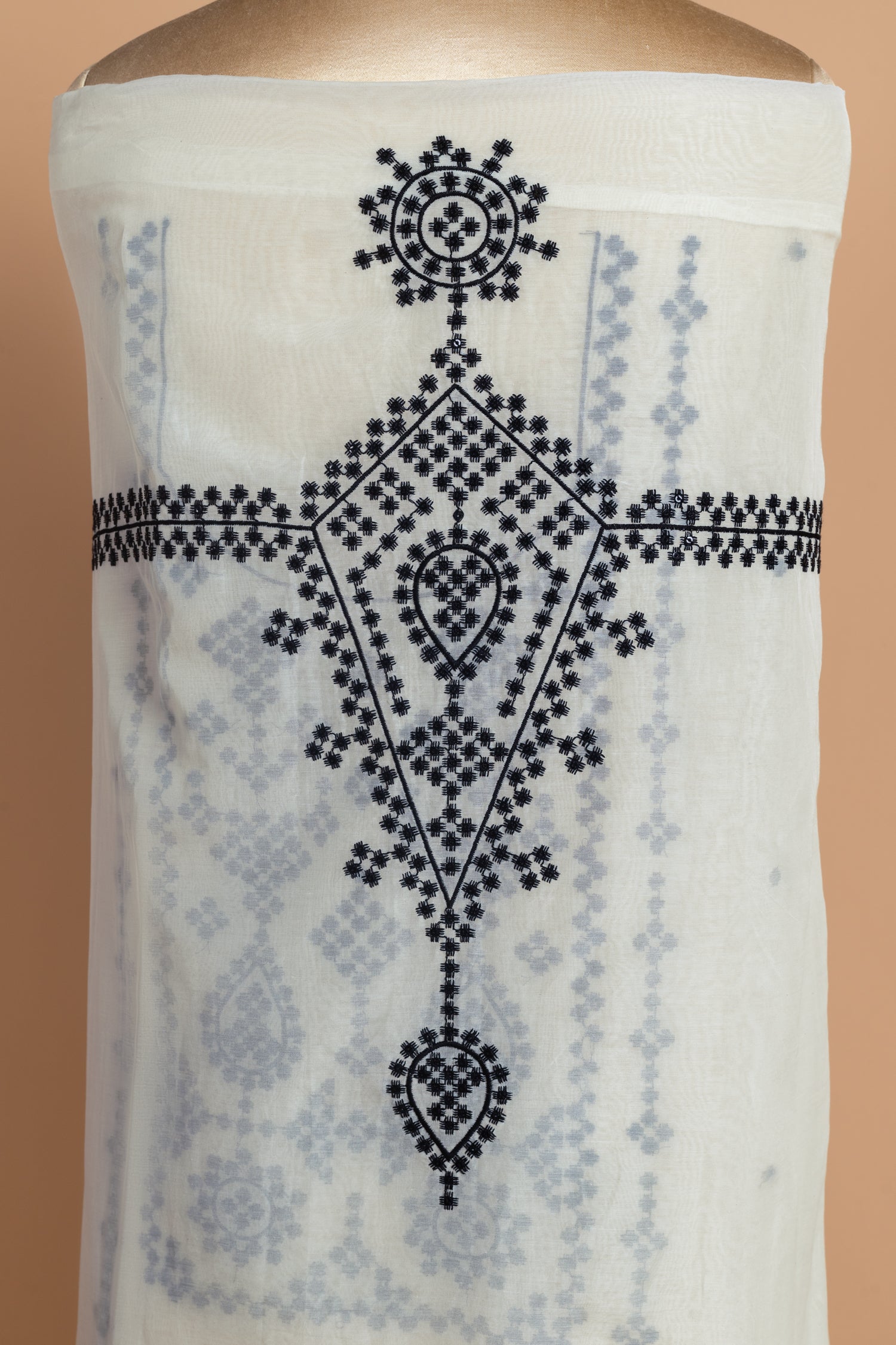 Luxe Mul Chanderi White With Black Unstitched Suit Set