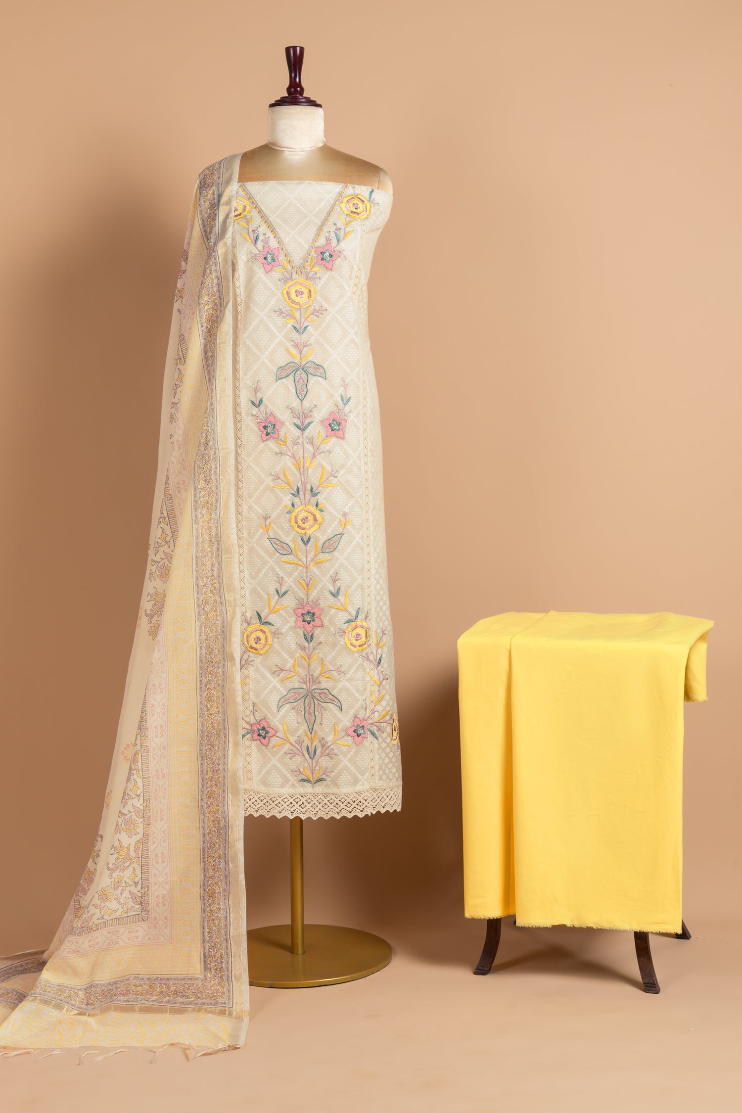 Luxe   Jacuard Silk   White With Yellow Unstitched Suit Set