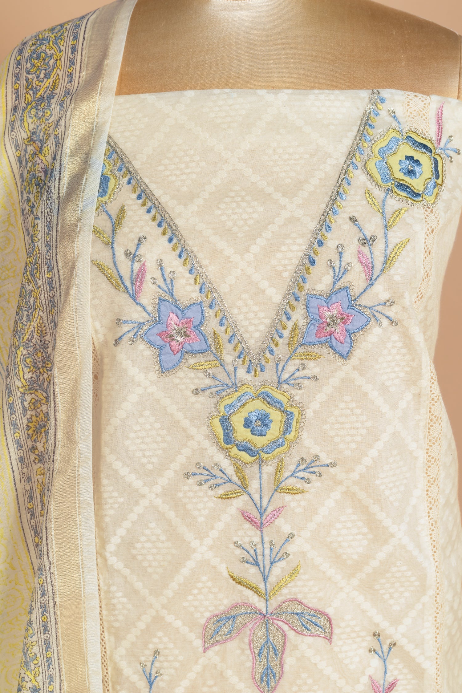Luxe   Jacuard Silk   White  With Neon Green Unstitched Suit Set Sterling House