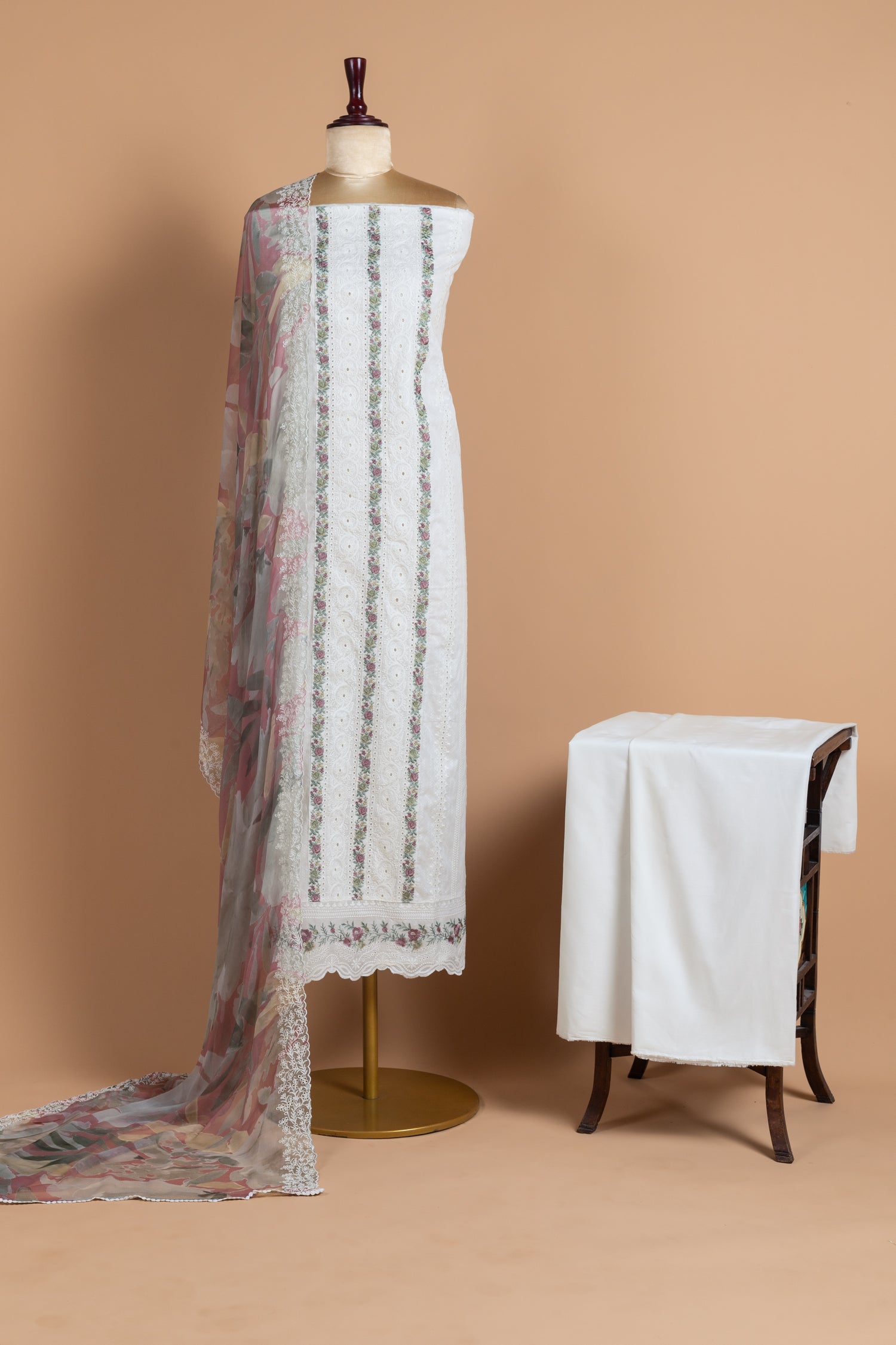 Roze   Cotton   White  Unstitched Suit Set