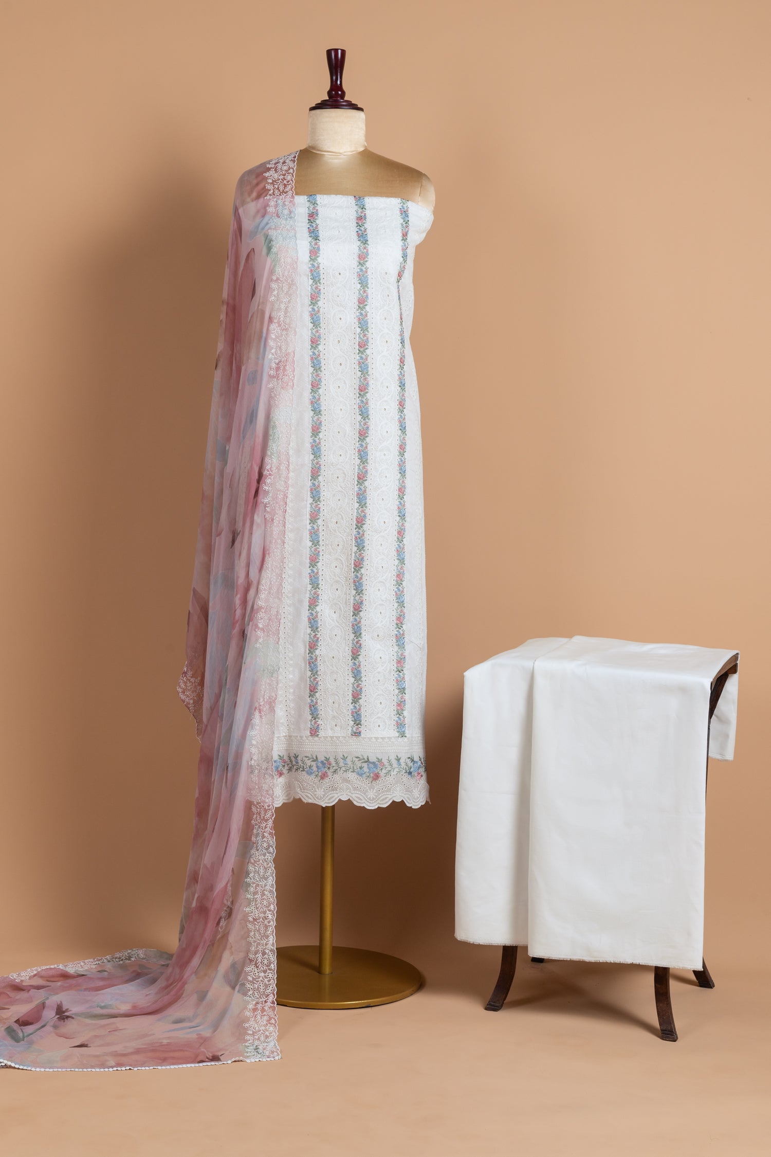 Roze   Cotton   White  Unstitched Suit Set