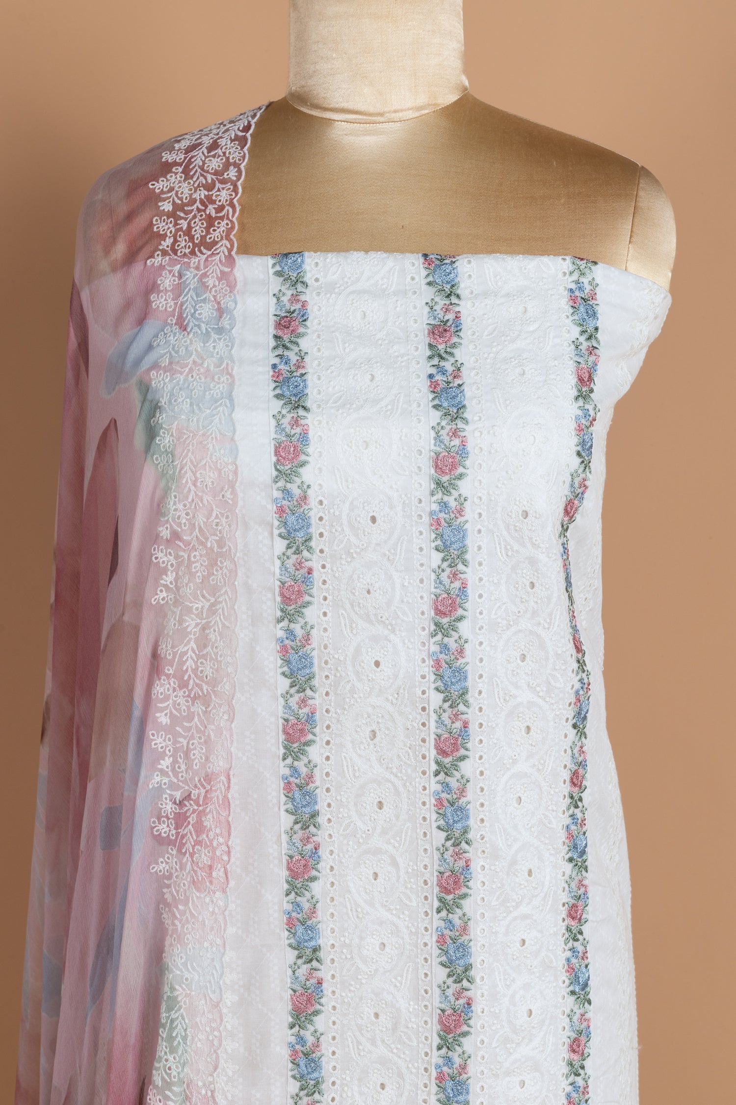 Roze   Cotton   White  Unstitched Suit Set