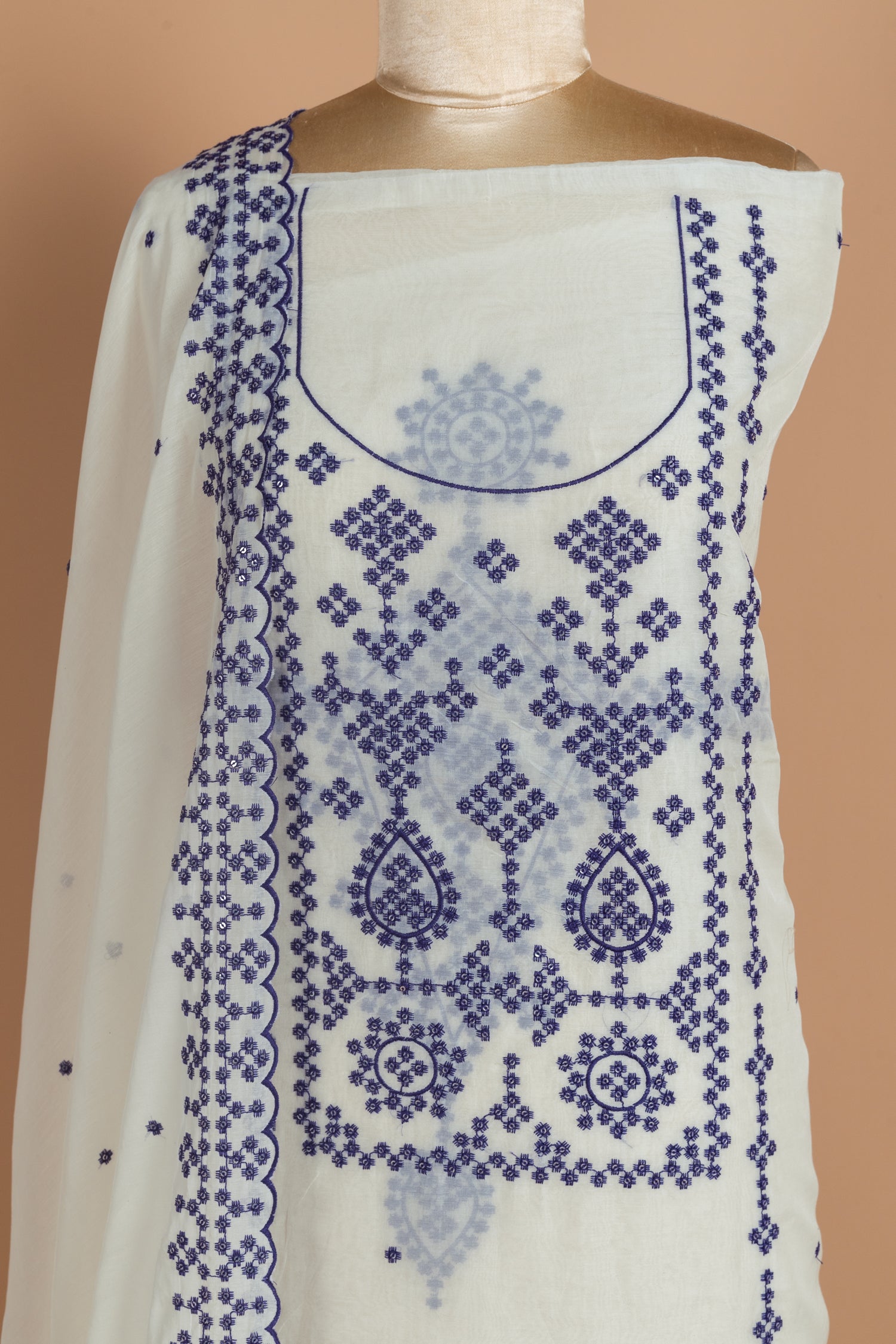 Luxe Mul Chanderi White With Blue Unstitched Suit Set