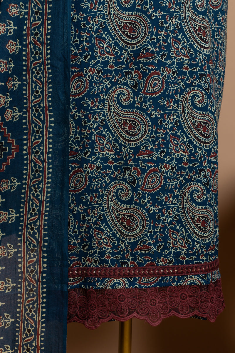 Blue Soft Cotton Unstitched Suit Set