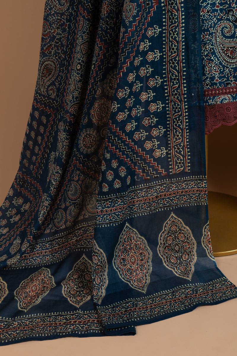 Blue Soft Cotton Unstitched Suit Set