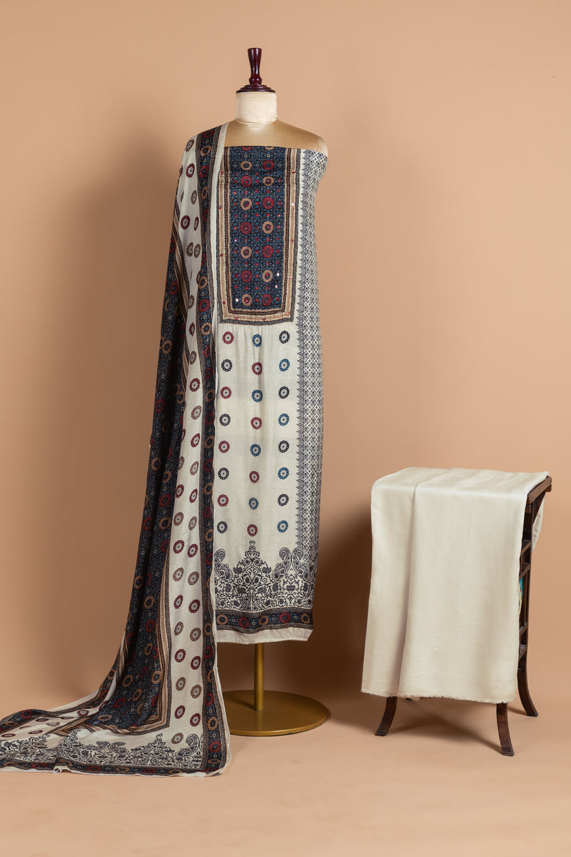 White With Black Muslin Unstitched Suit Set