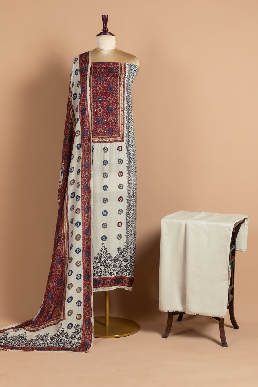White With Red Muslin Unstitched Suit Set