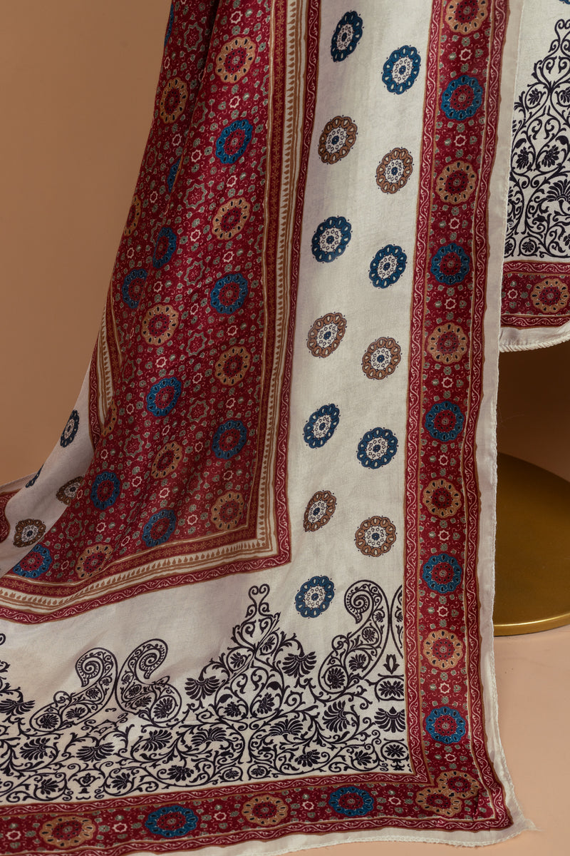 White With Red Muslin Unstitched Suit Set