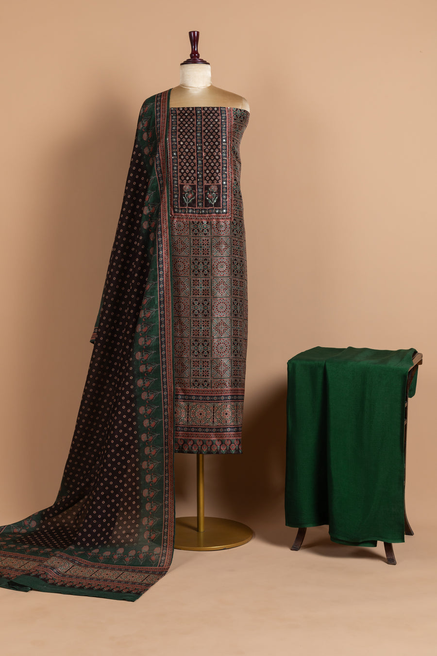 Green Chanderi Silk Unstitched Suit Set