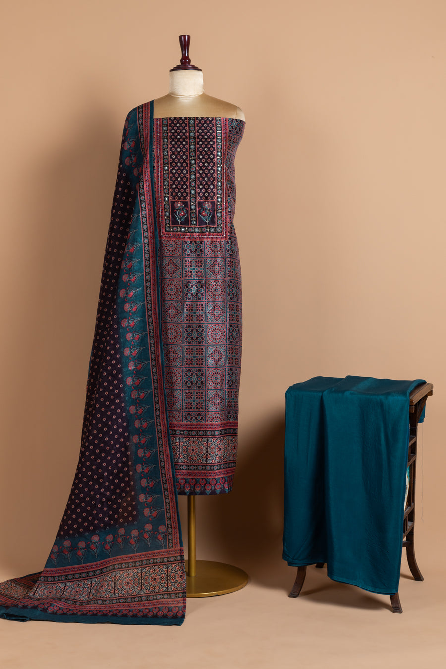 Blue  Chanderi Silk Unstitched Suit Set