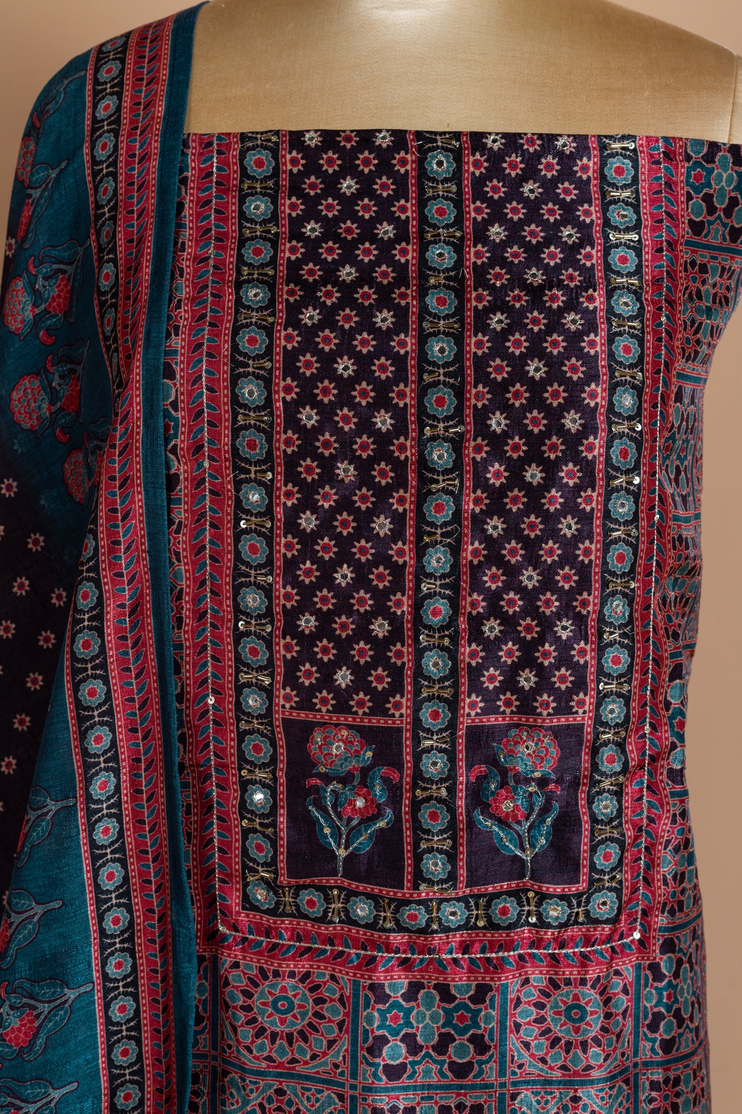 Anokhi Chanderi Silk Blue  Unstitched Suit Set