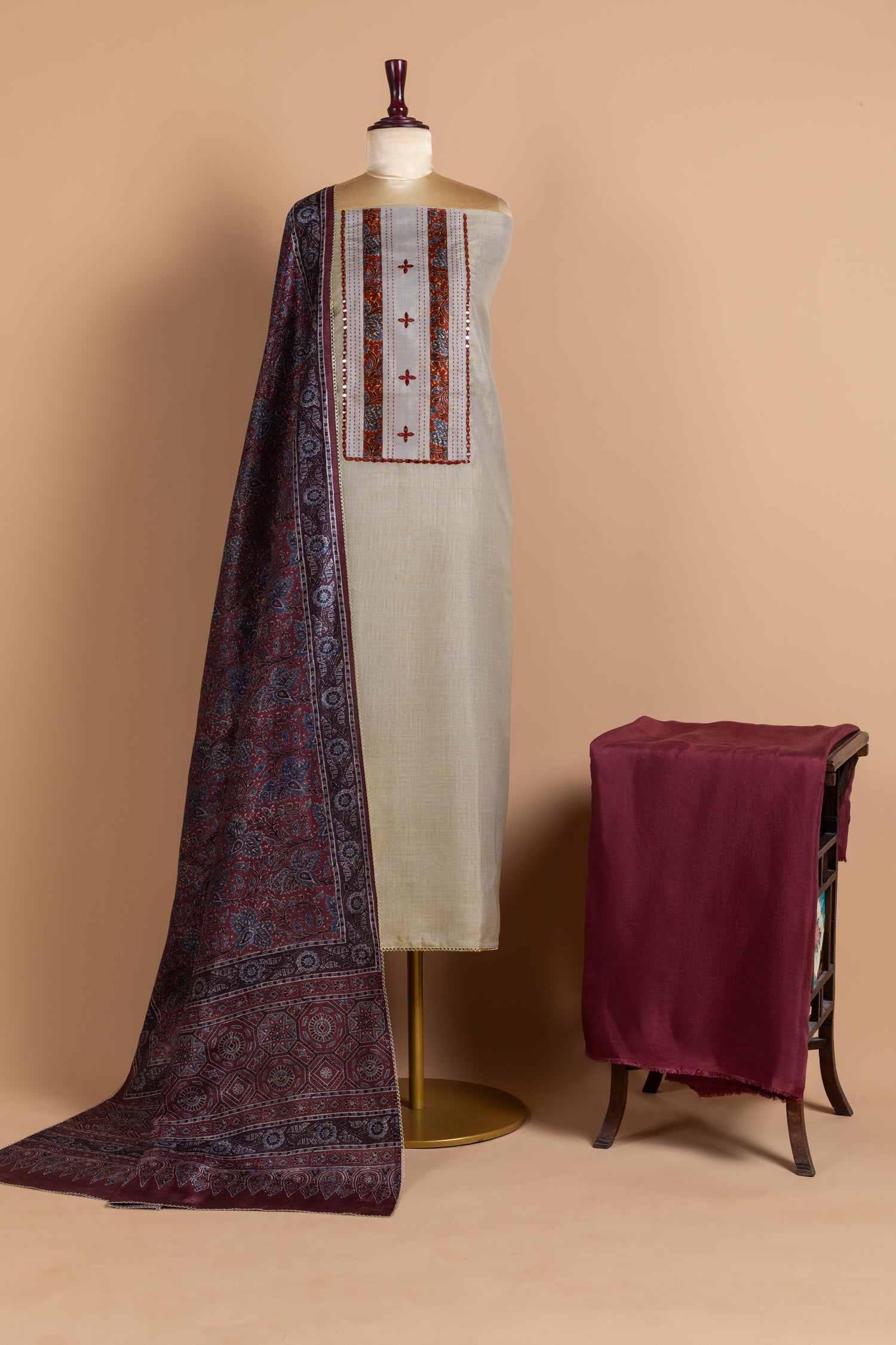 Beige With maroon Chanderi Silk unstitched Suit Set