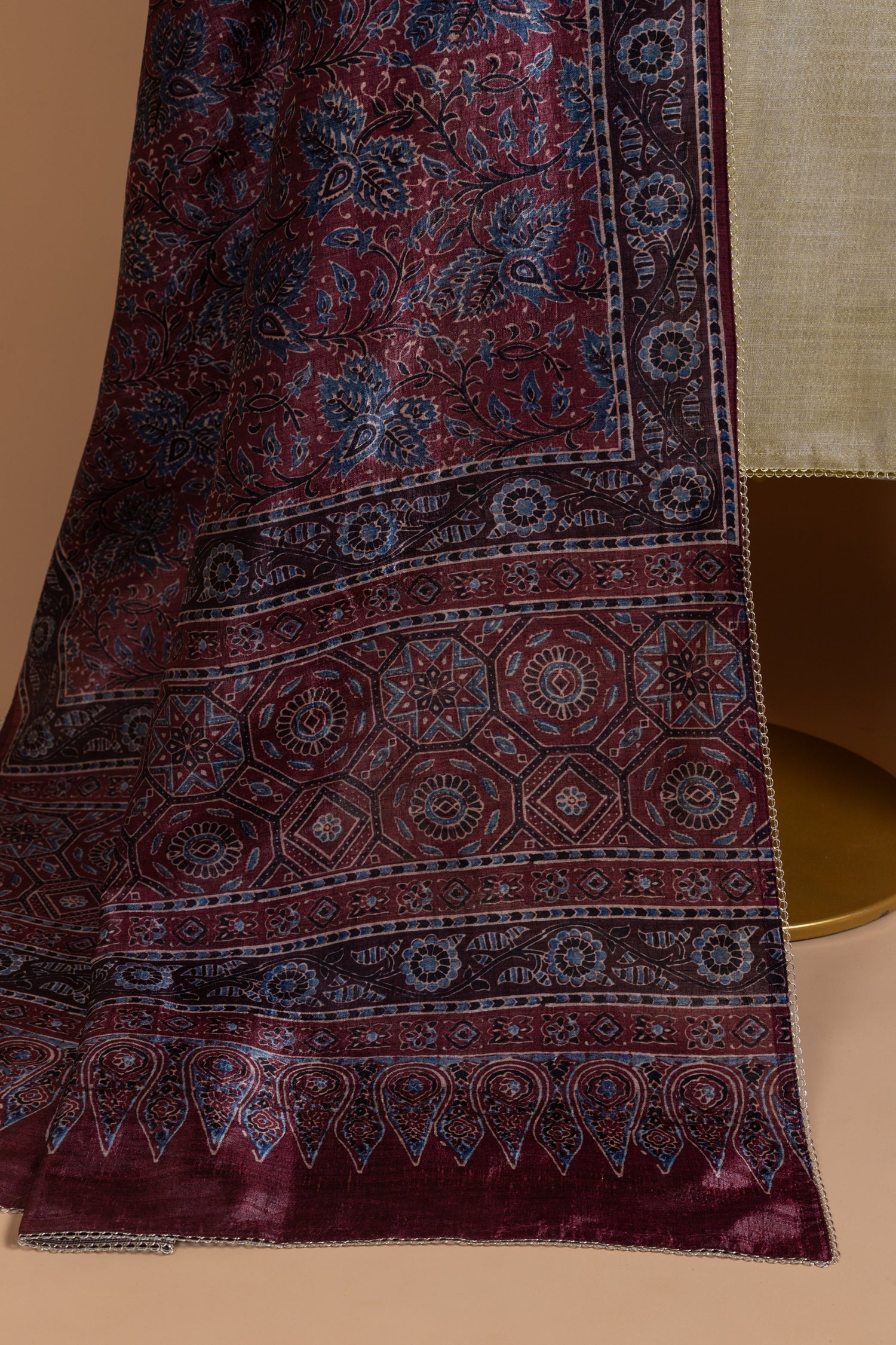 Luxe Shimmer Silk Beige With maroon unstitched Suit Set