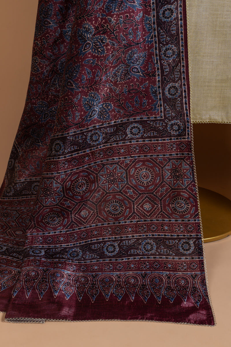 Beige With maroon Chanderi Silk unstitched Suit Set
