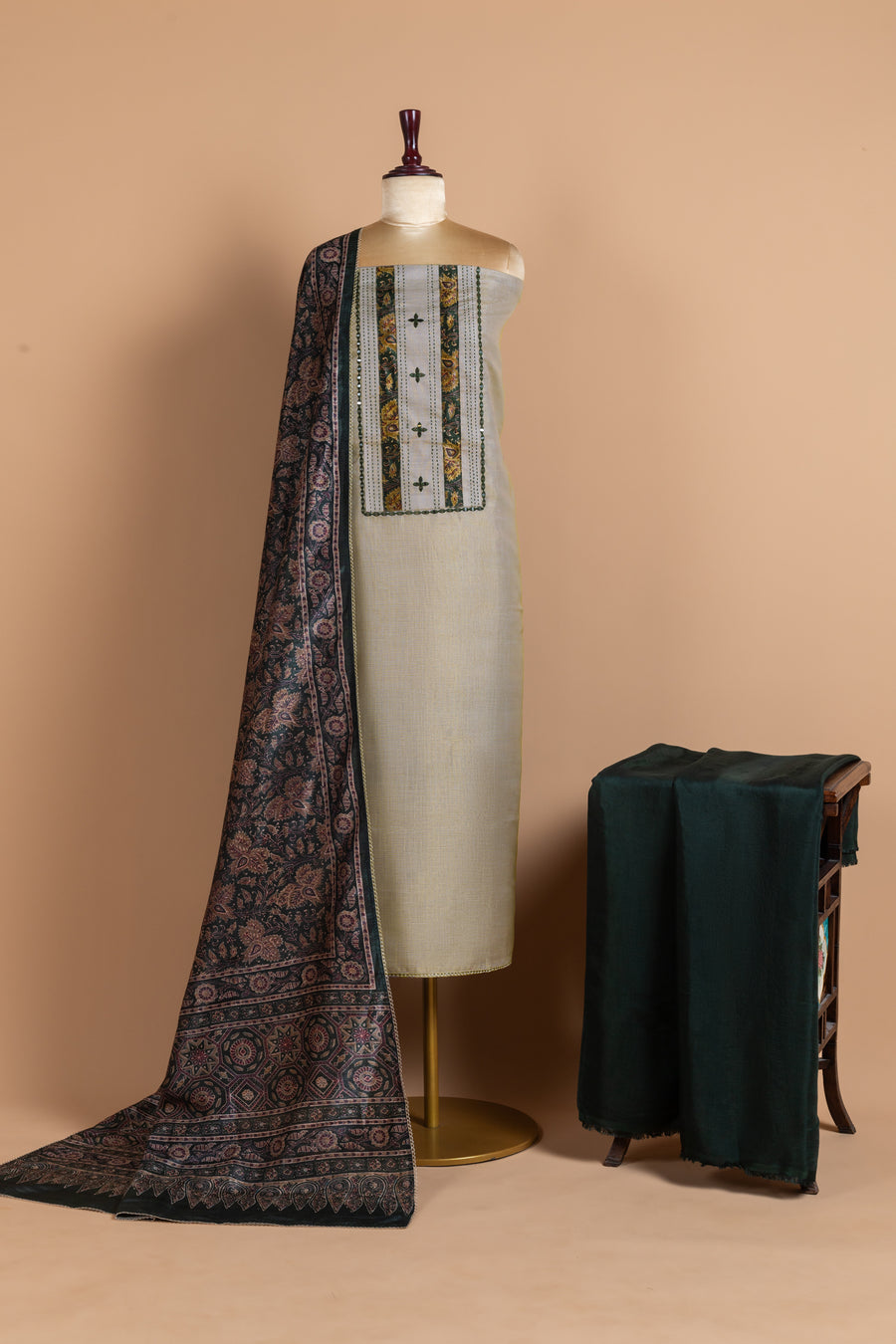Beige With Green  chanderi Silk unstitched Suit Set