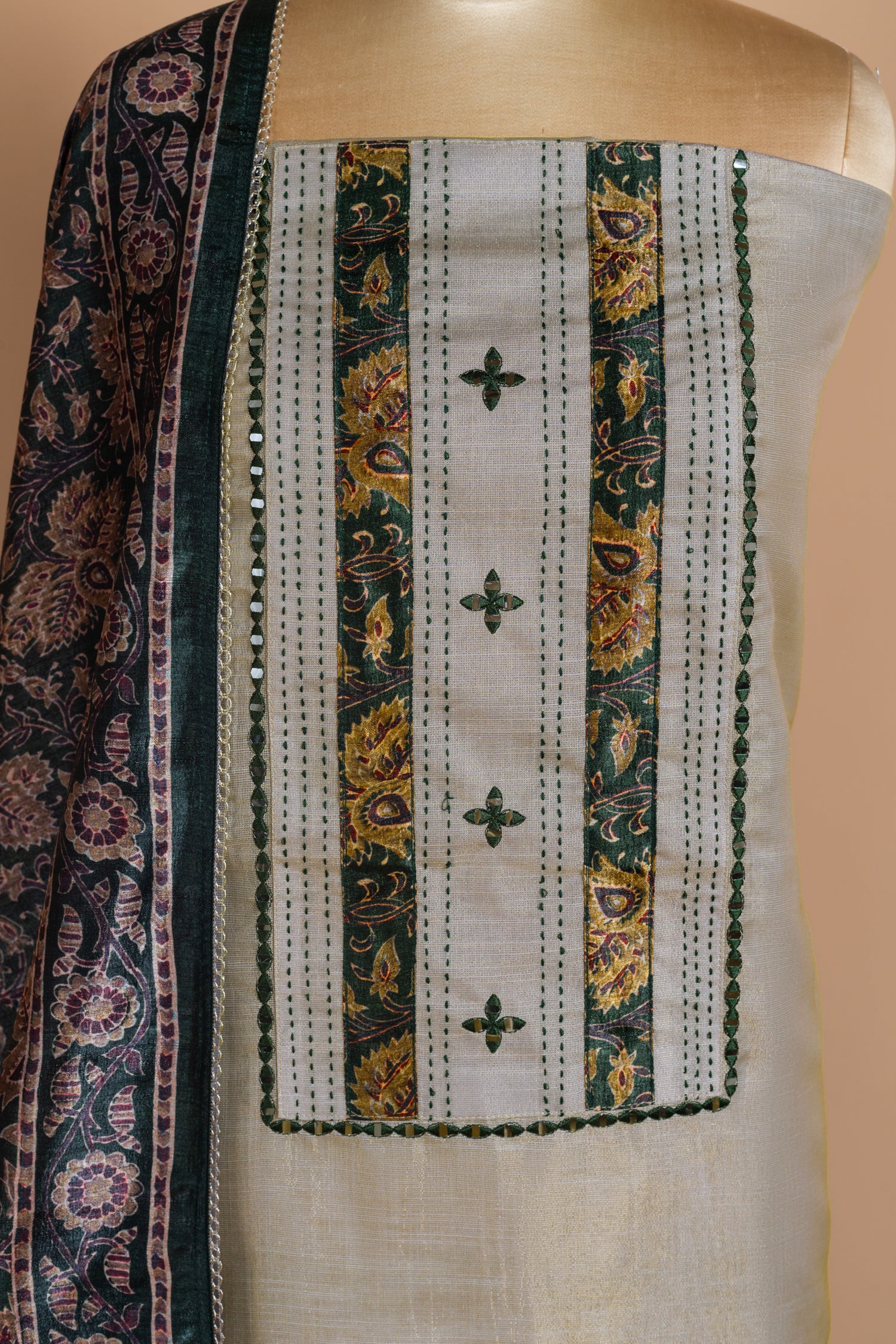 Luxe Shimmer Silk Beige With Green  unstitched Suit Set