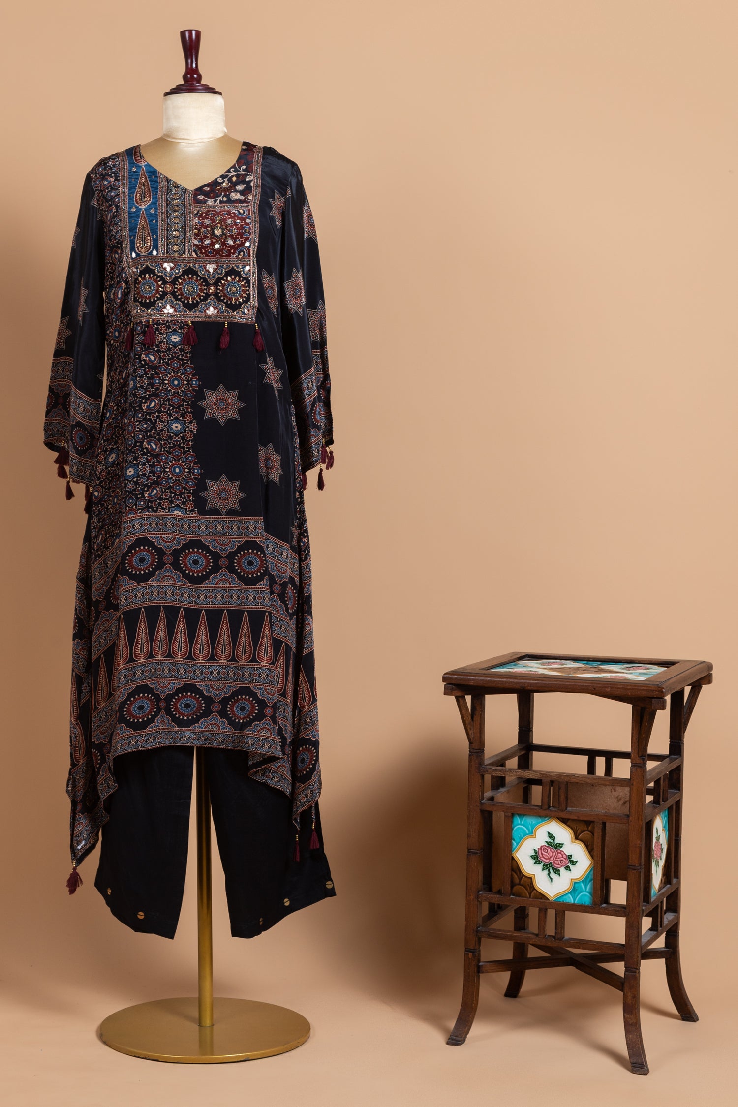 Luxe Black Muslin Ajrak Print Readymade Set