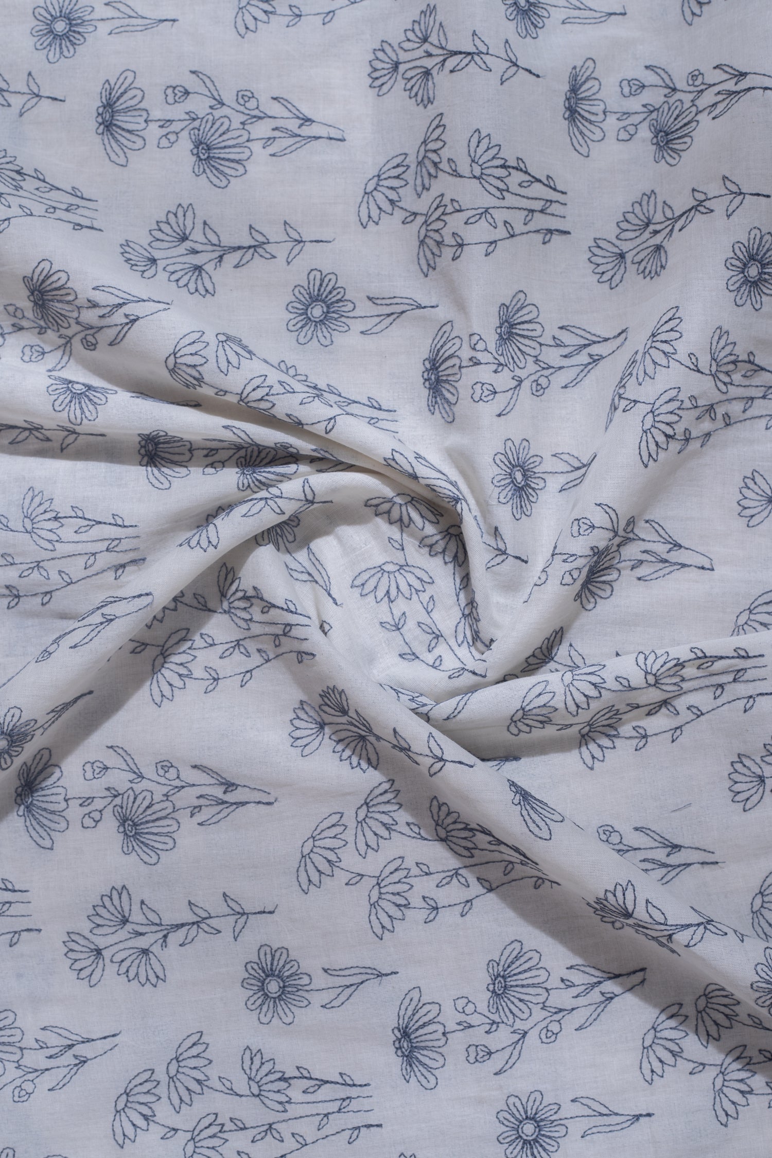 Linen Chanderi White With Blue Embroidered Fabric