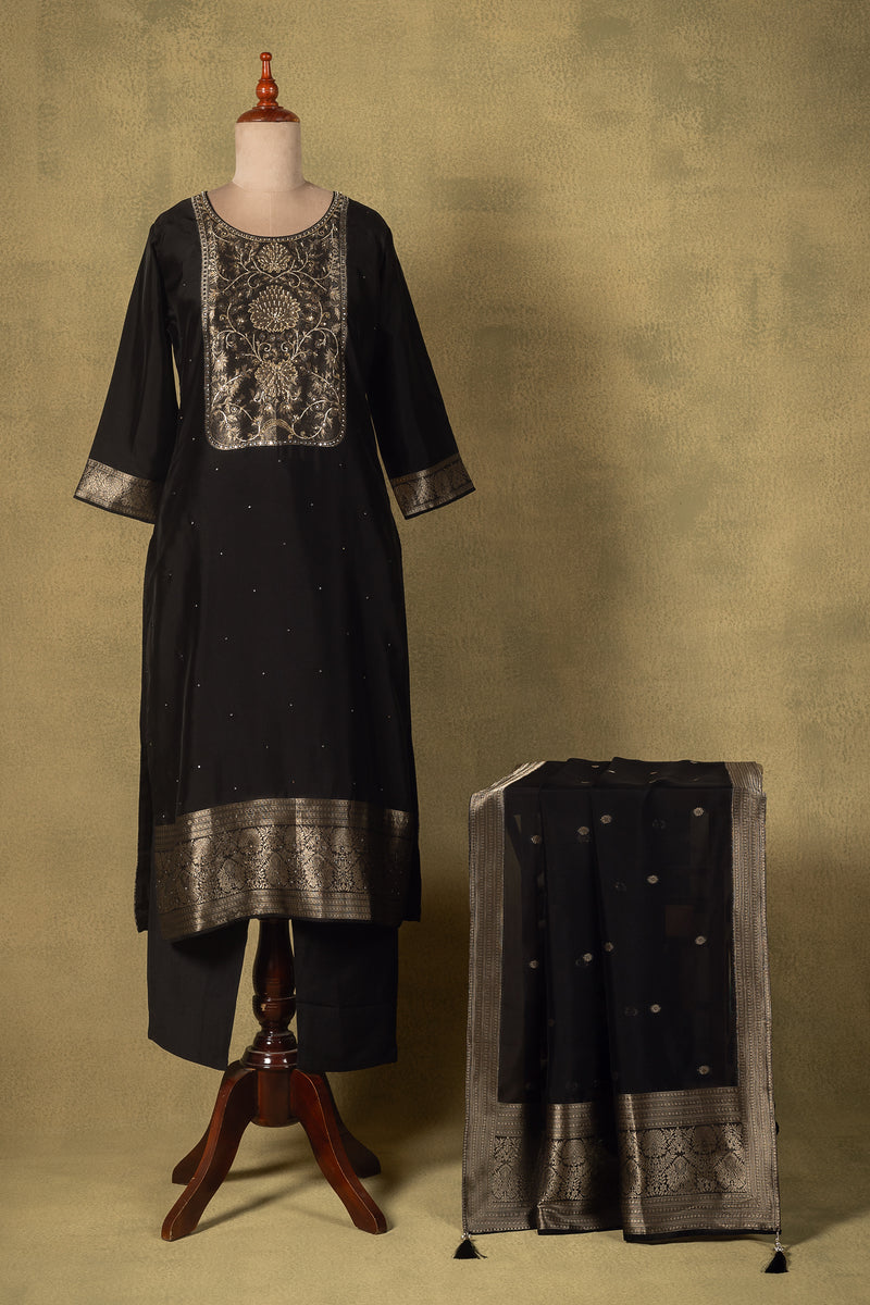 Jet Black Zari Silk Blend Readymade Set Sterling House