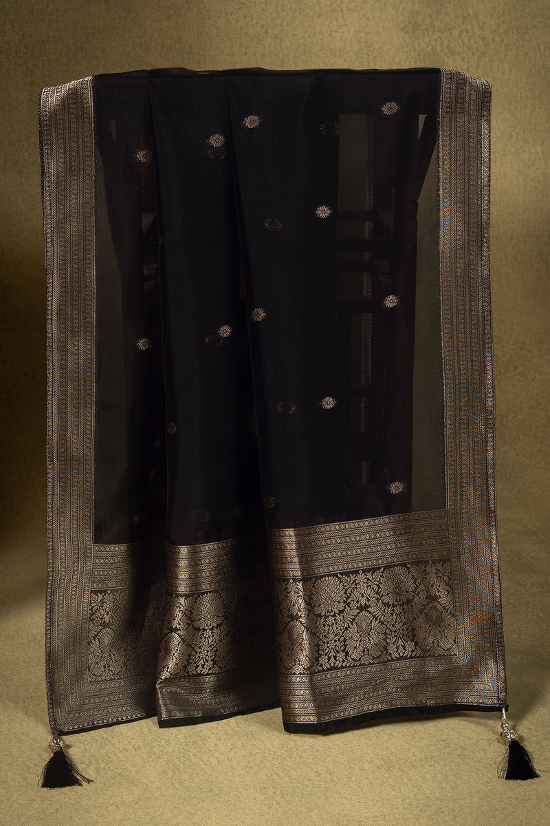 Jet Black Zari Silk Blend Readymade Set Sterling House