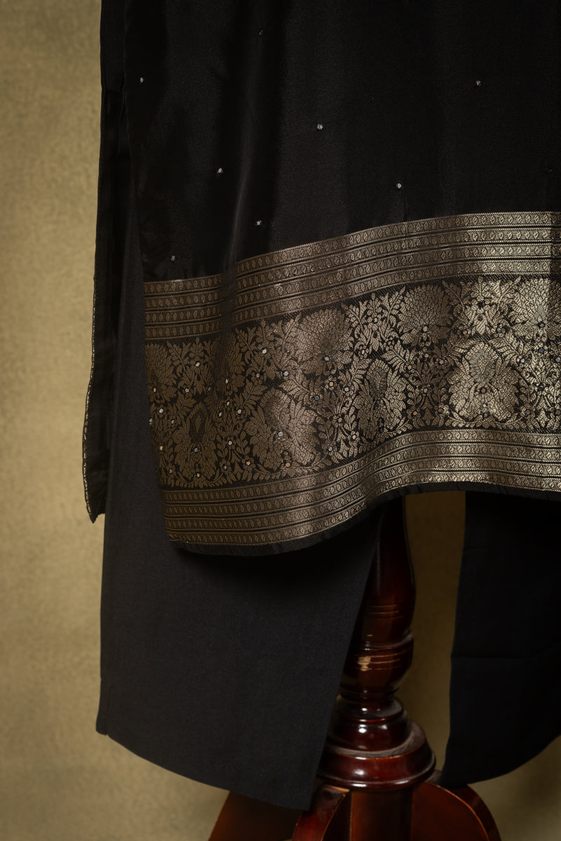 Jet Black Zari Silk Blend Readymade Set Sterling House