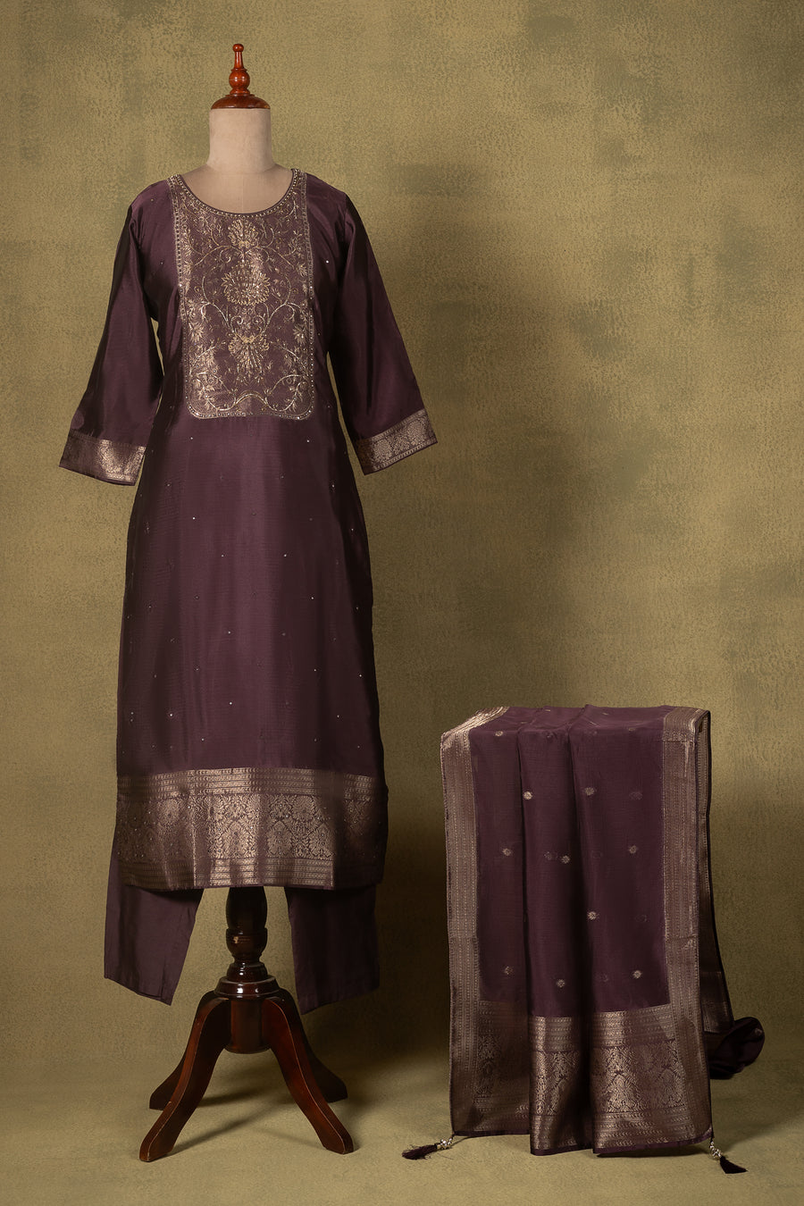 Deep Purple Zari Silk Blend Readymade Set