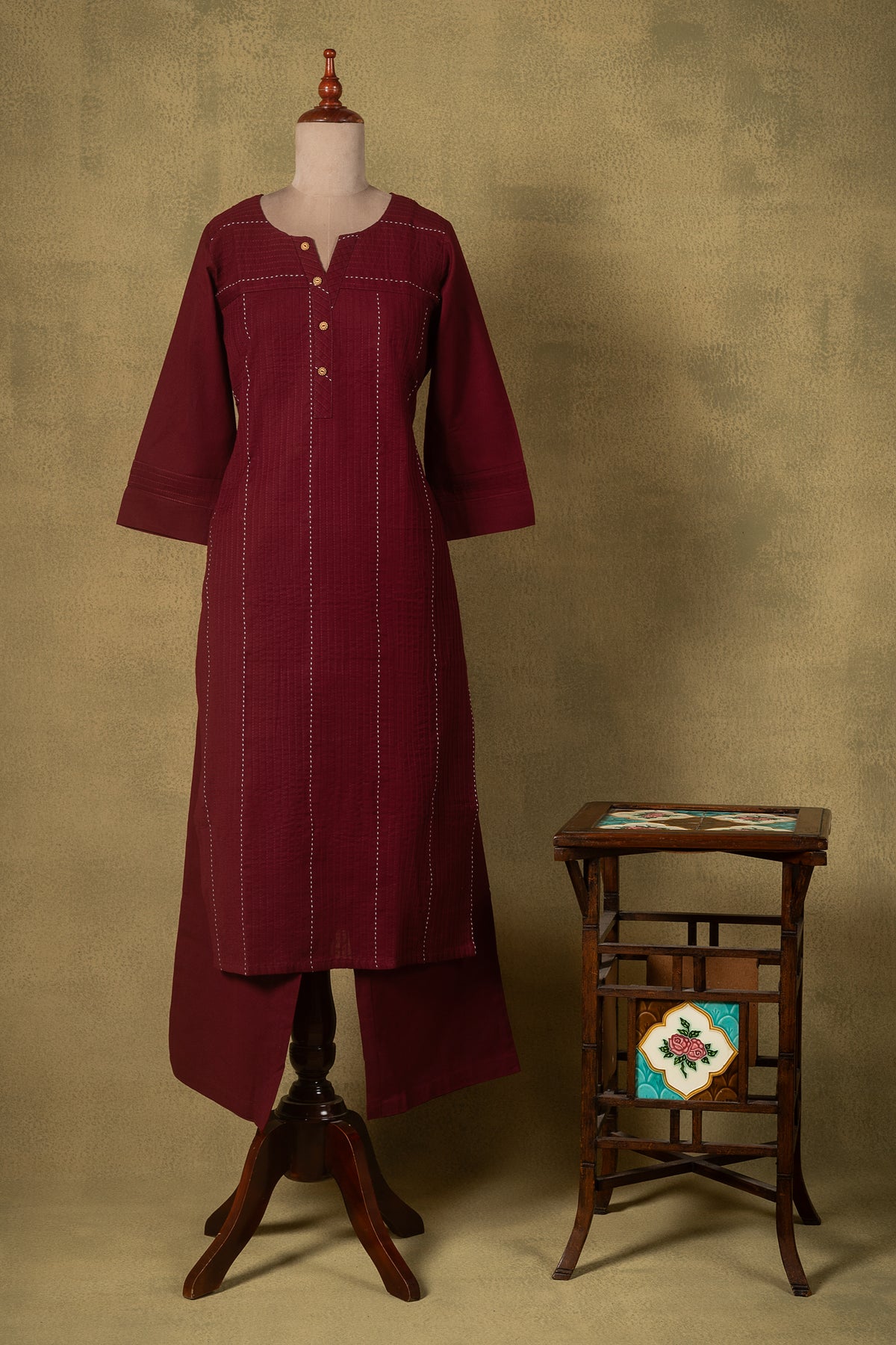 Deep Maroon Zari Stripe Cotton Readymade Set