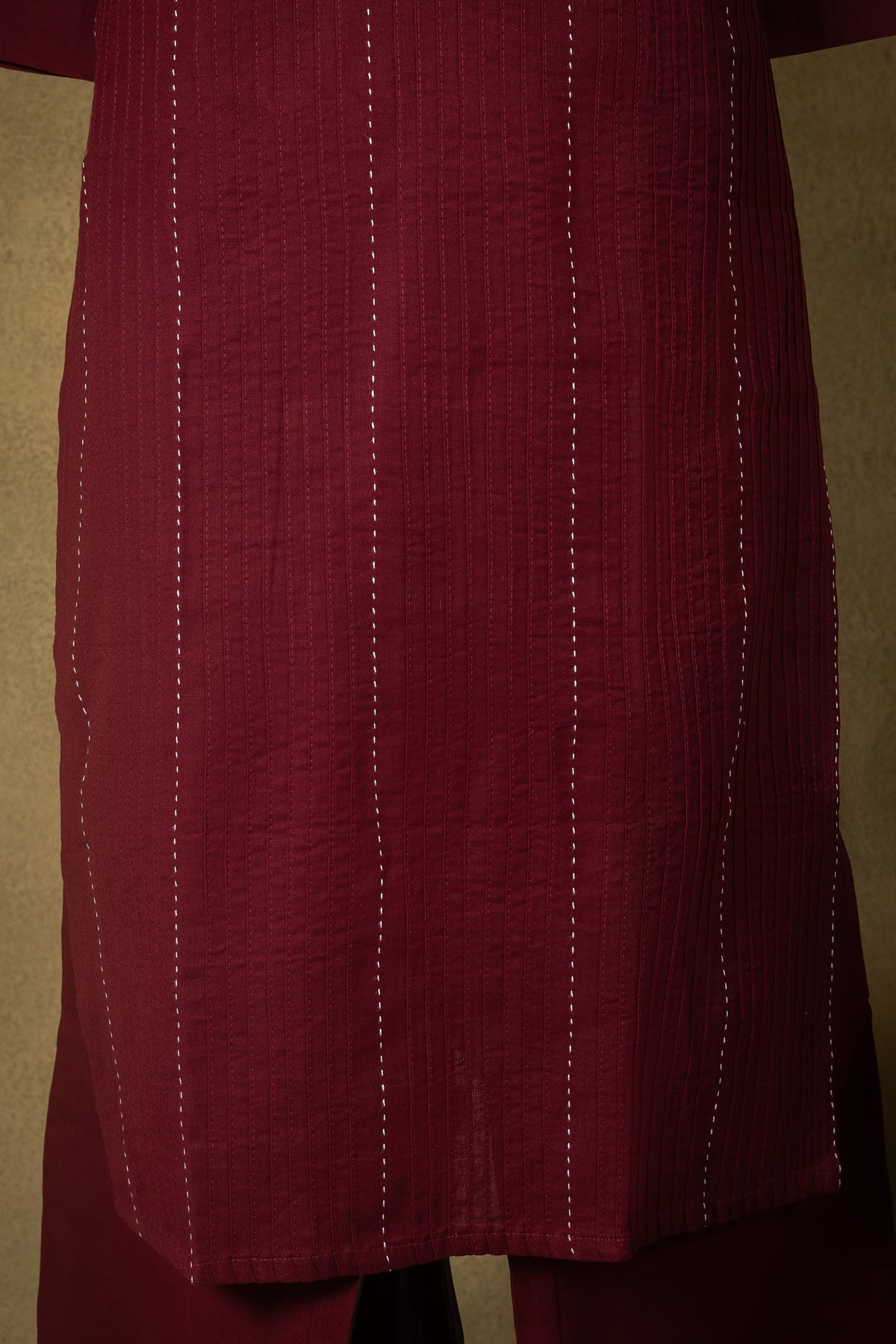Deep Maroon Zari Stripe Cotton Readymade Set