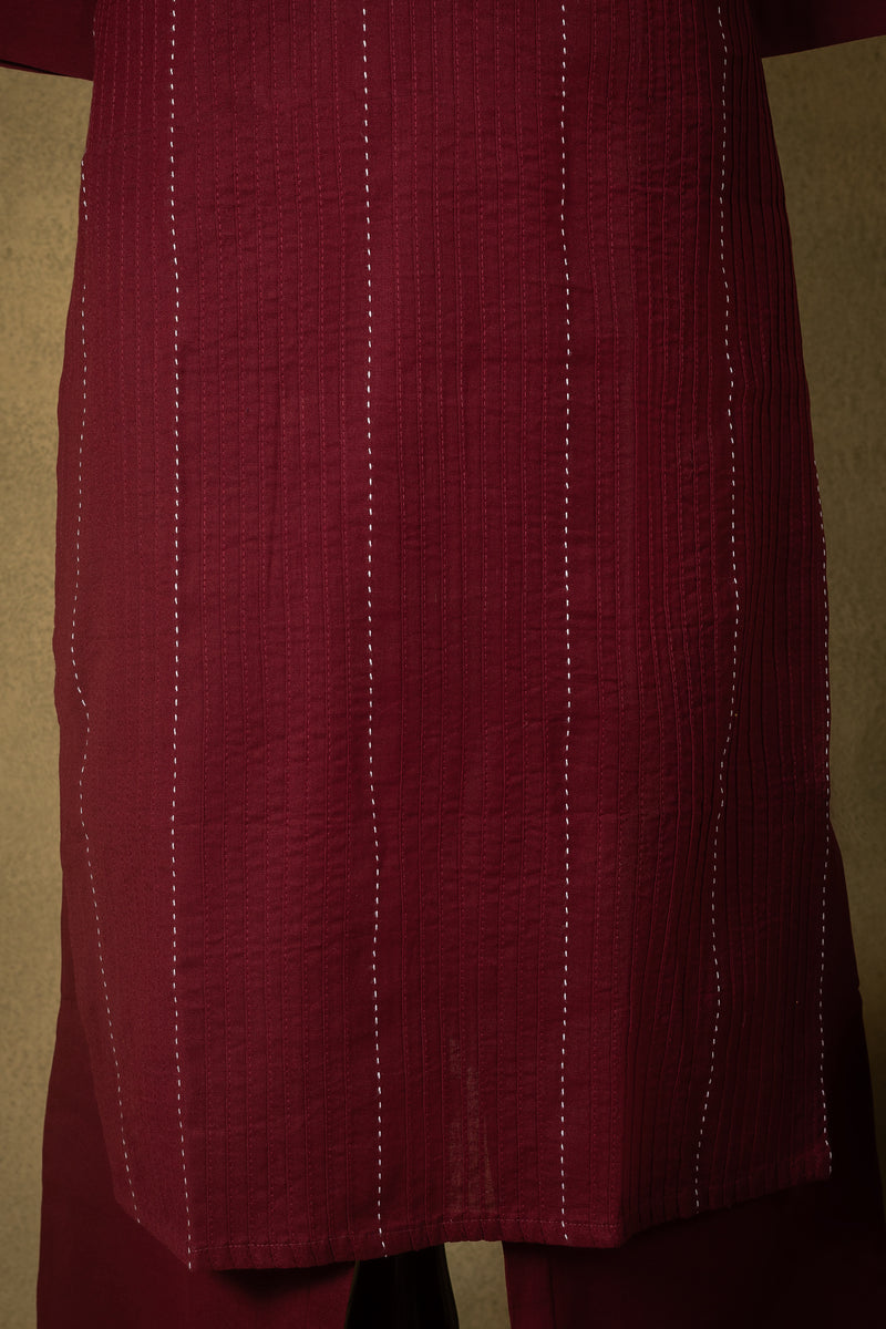 Deep Maroon Zari Stripe Cotton Readymade Set