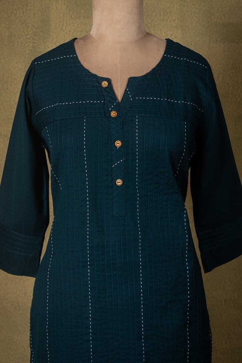 Deep Teal Blue Zari Stripe Cotton Readymade Set