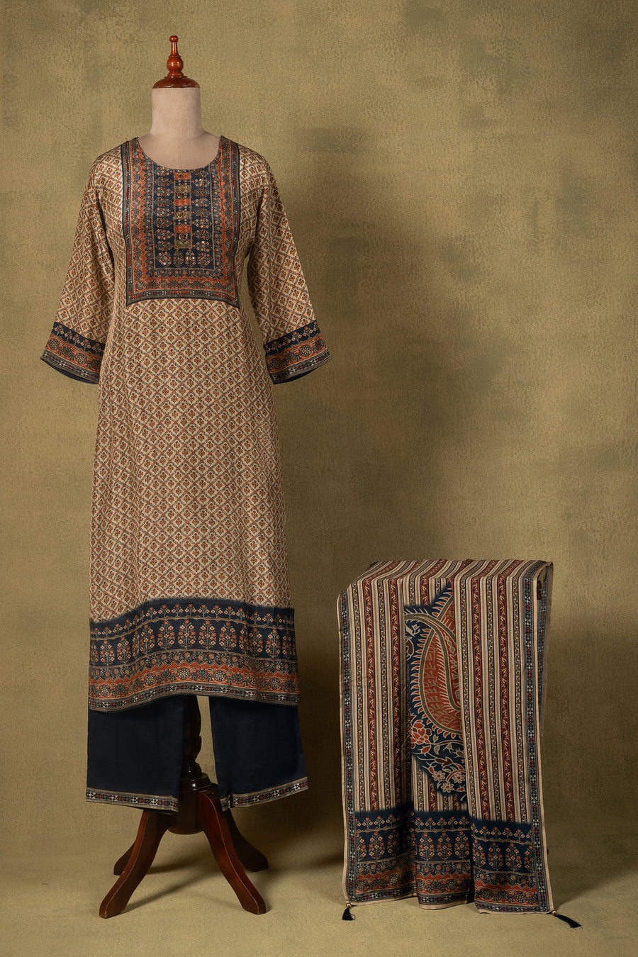 Beige Navy Printed Muslin Readymade Set