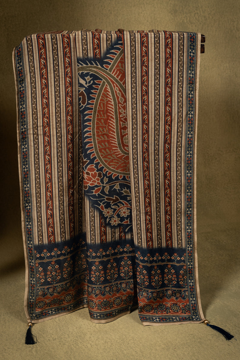 Beige Navy Printed Muslin Readymade Set