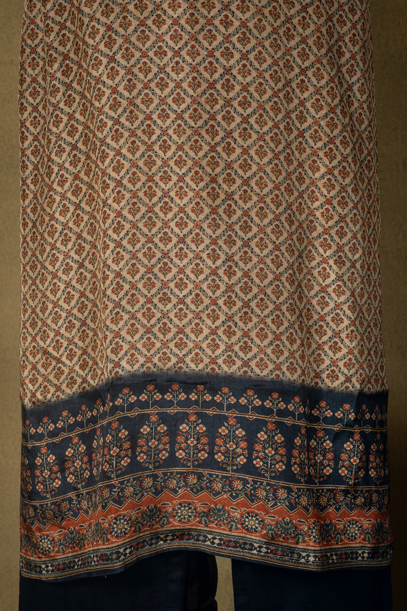 Beige Navy Printed Muslin Readymade Set