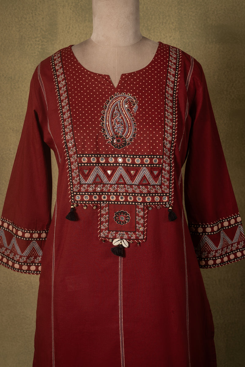 Rust Red Mirror Work Cotton Readymade Set