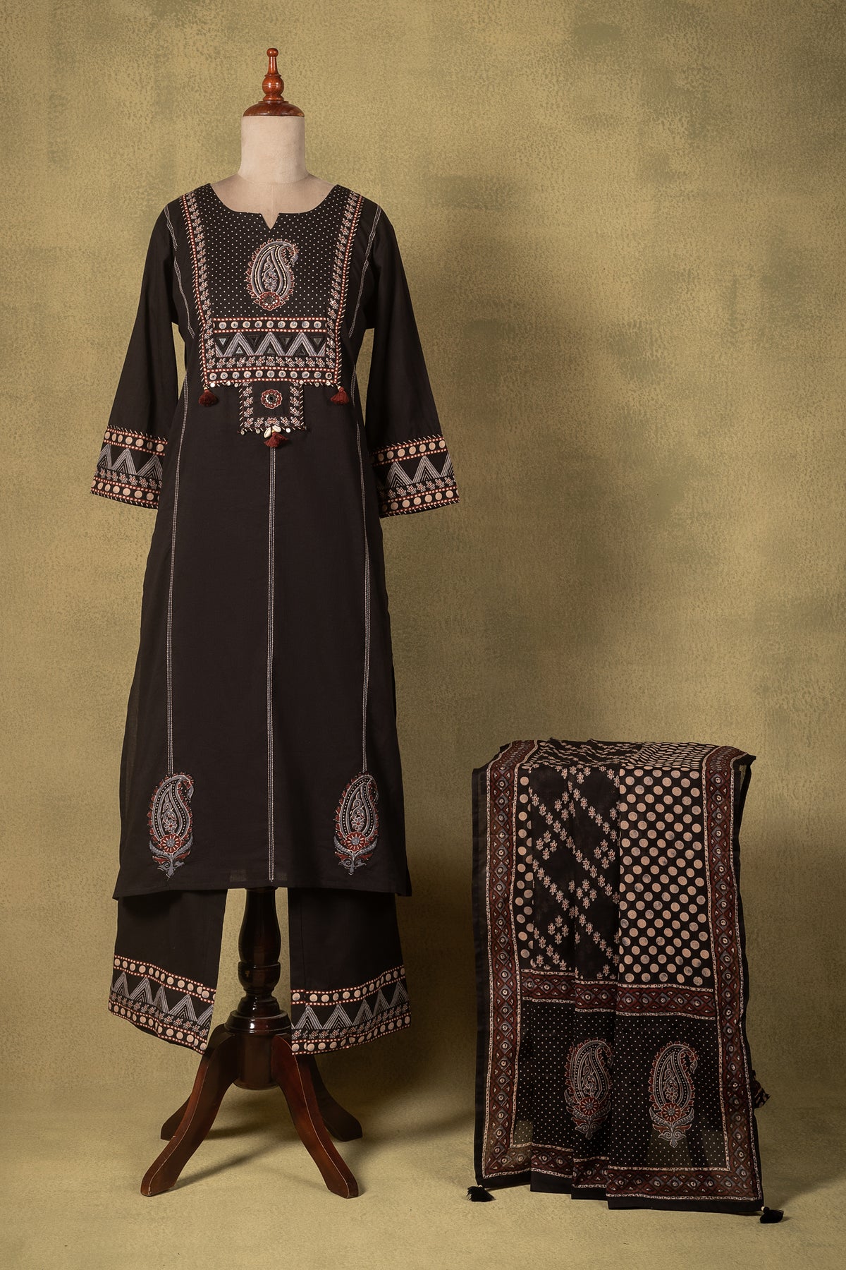 Charcoal Black Mirror Work Cotton Readymade Set