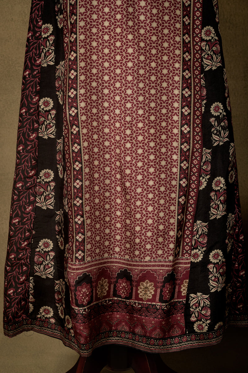 Deep Maroon Black Ajrak Muslin Readymade Set