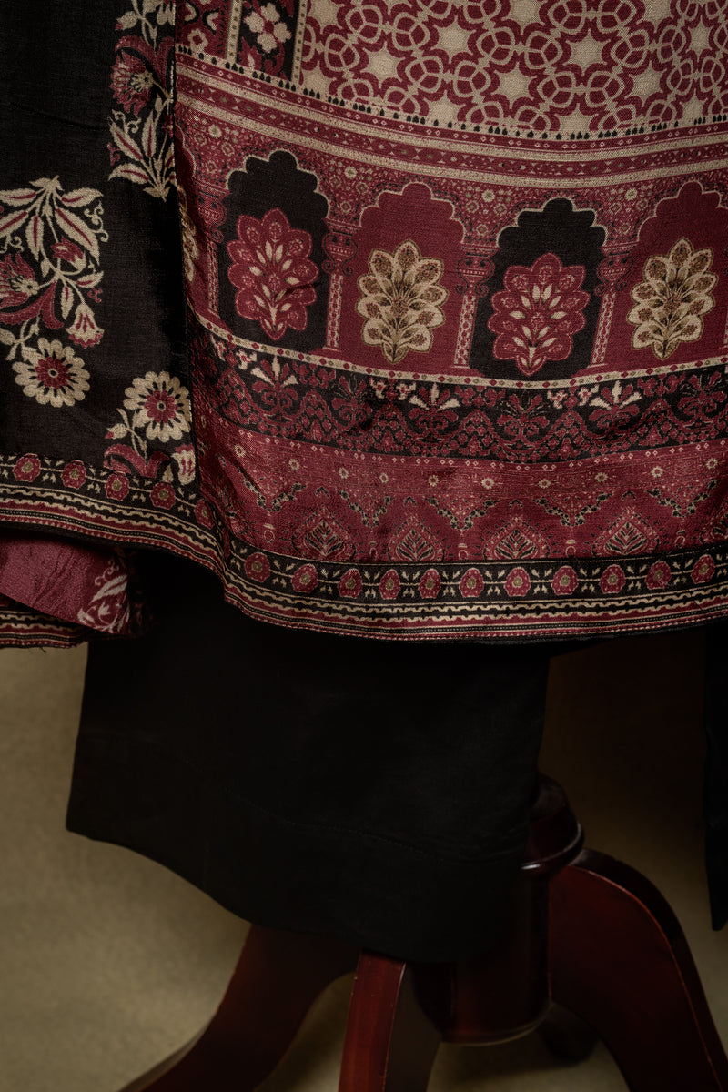 Deep Maroon Black Ajrak Muslin Readymade Set