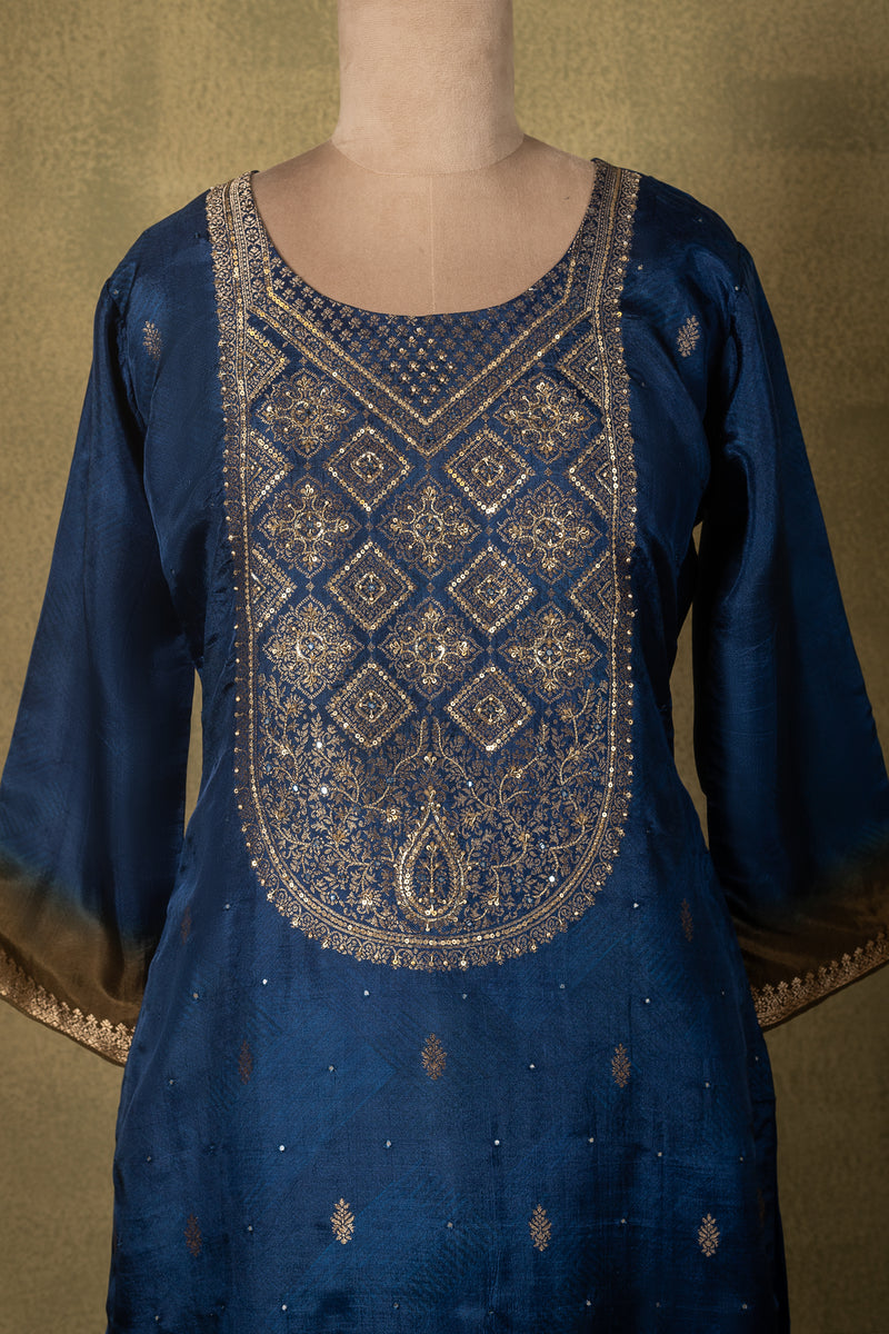 Blue Embroidered Silk Blend Readymade Set